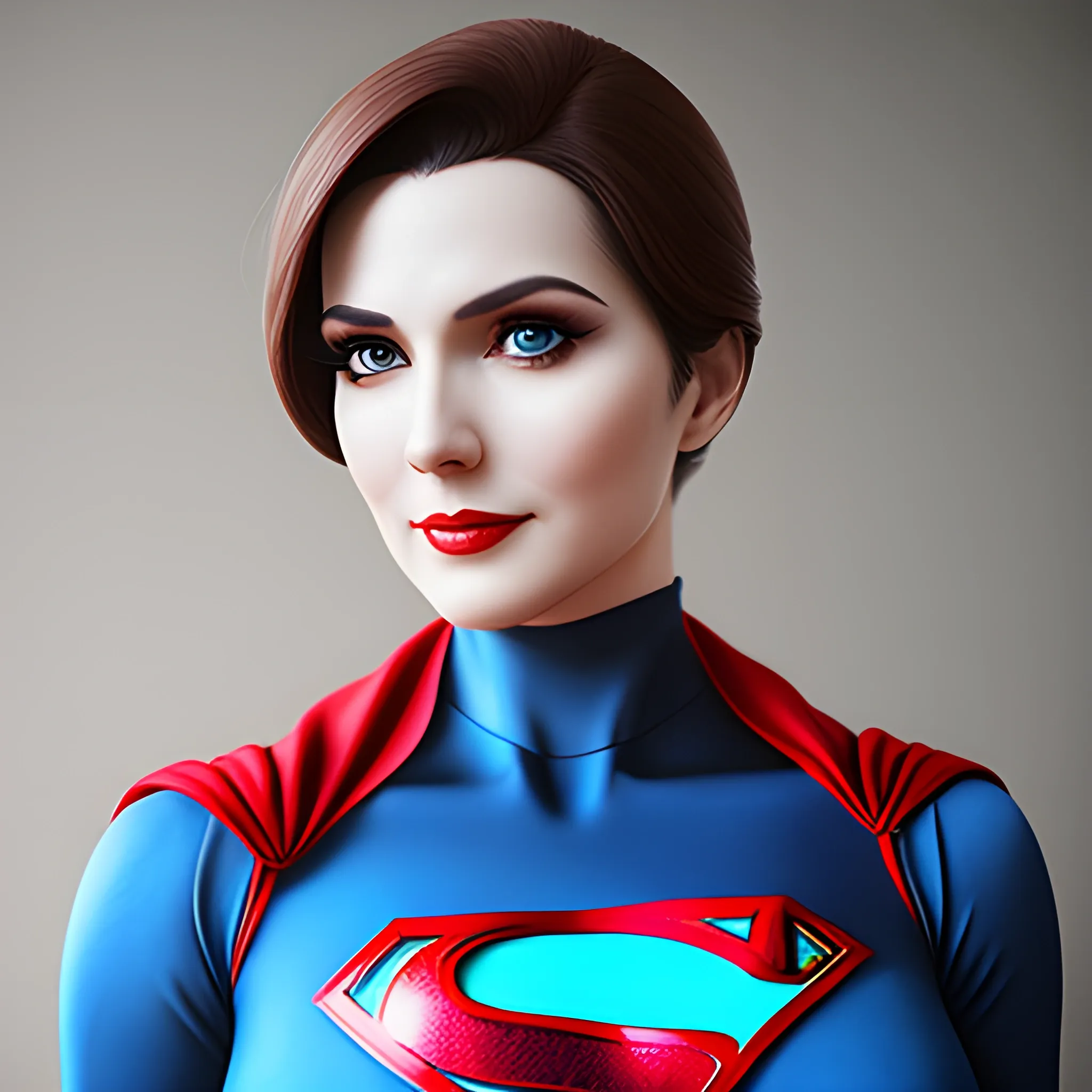 An elegant lady wearing a Superman costume, eye-catching detail, realistic ultra-detailed
