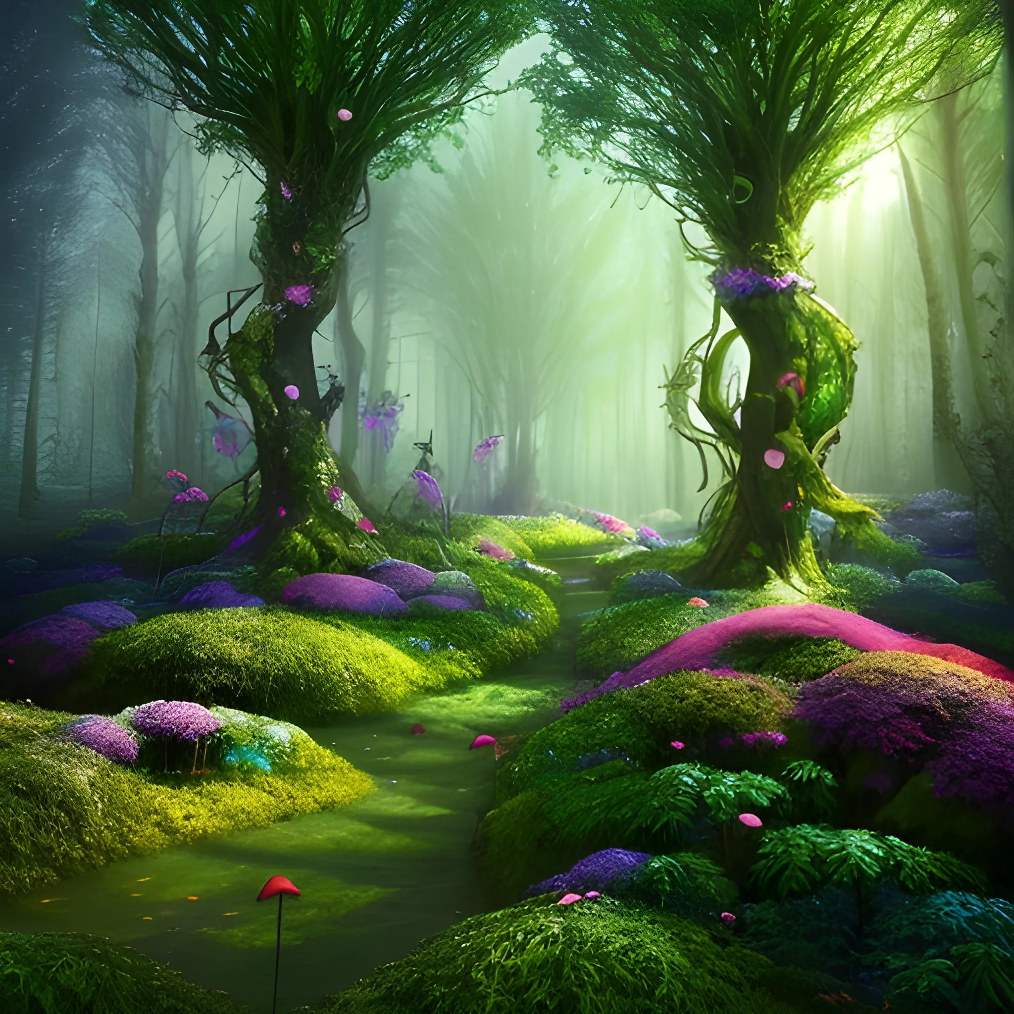 The forest should be fabulous, unusual, not like an ordinary forest.
The forest should have fantastic elements, such as talking animals, magical flowers, fairy tale creatures.
The forest should be atmospheric, evoking in the viewer a sense of magic and fairy tale., 3D