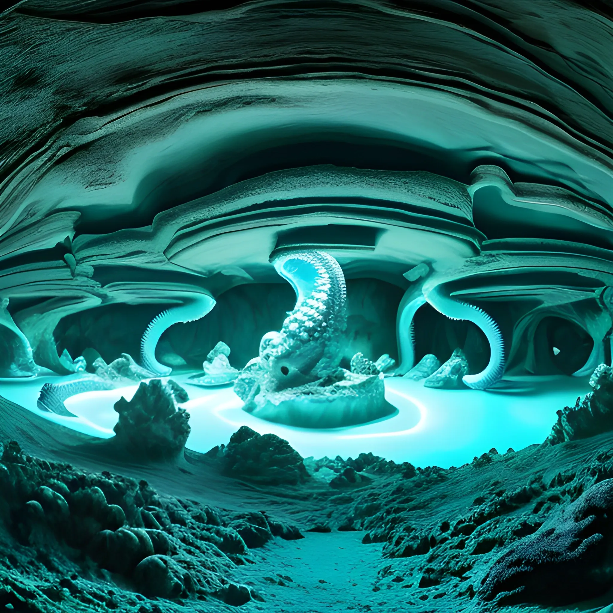 landscape shot of a secret underground cavern with phosphorescent seahorse, surreal, photography in deep sea trench, panorama, 8K resolution image, glossy and shiny.