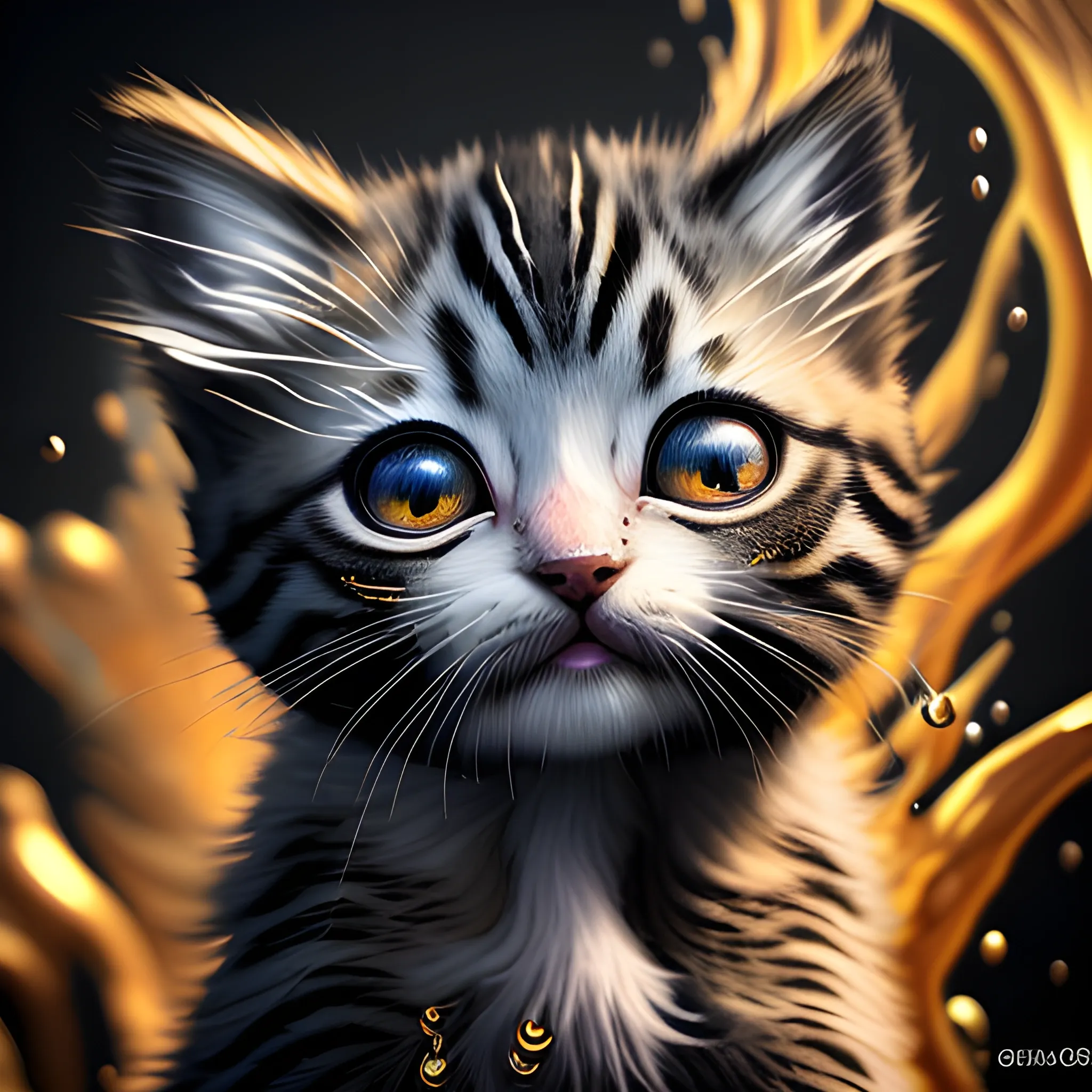 , Oil Painting(a cute kitten), Hyperdetailed Eyes, Tee-Shirt Design, Line Art, Black Background, Ultra Detailed Artistic, Detailed Gorgeous Face, Natural Skin, Water Splash, Colour Splash Art, Fire and Ice, Splatter, Black Ink, Liquid Melting, Dreamy, Glowing, Glamour, Glimmer, Shadows, Oil On Canvas, Brush Strokes, Smooth, Ultra High Definition, 8k, Unreal Engine 5, Ultra Sharp Focus, Intricate Artwork Masterpiece, Ominous, Golden Ratio, Highly Detailed, Vibrant, Production Cinematic Character Render, Ultra High Quality Model