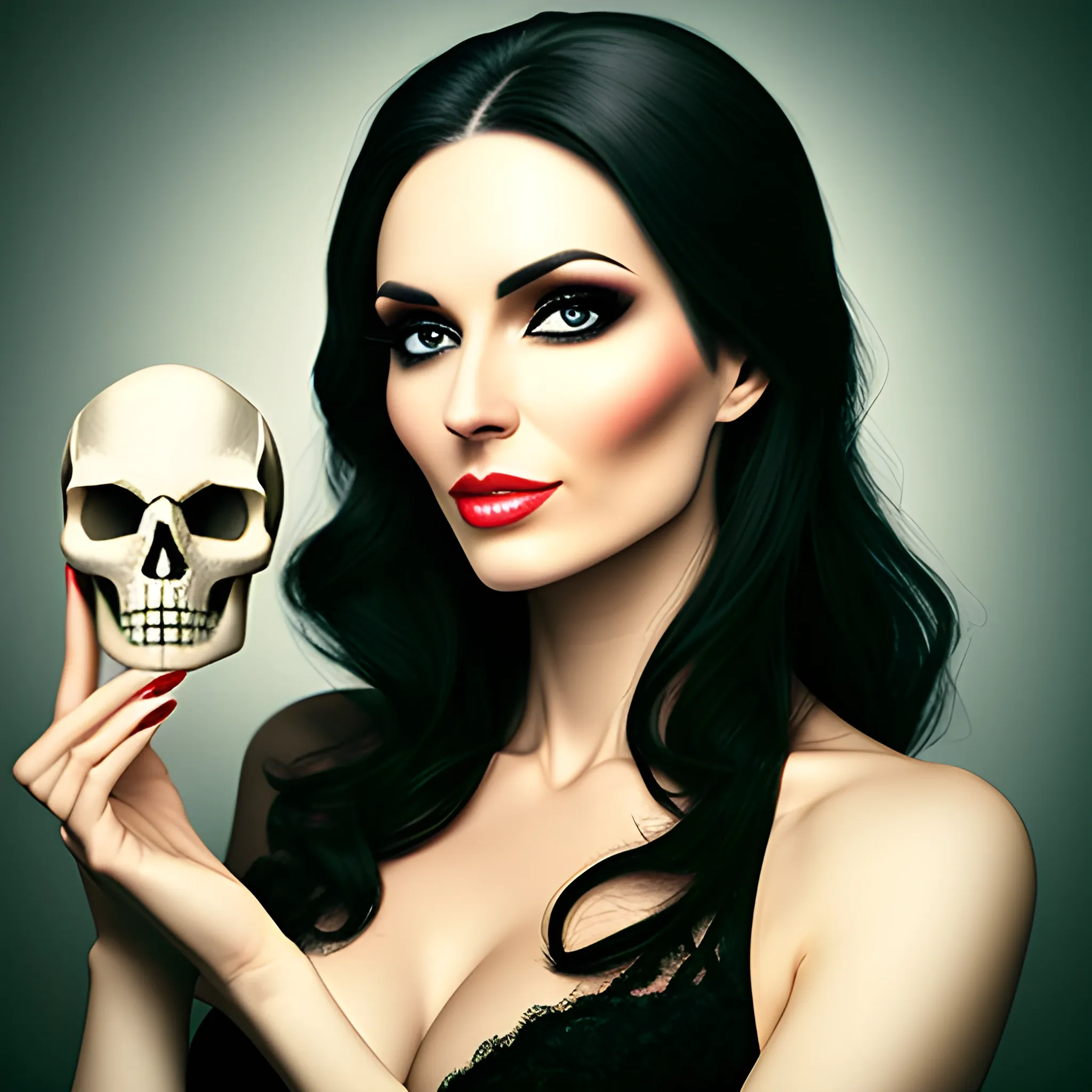 Beautiful young woman holding a skull in her hands