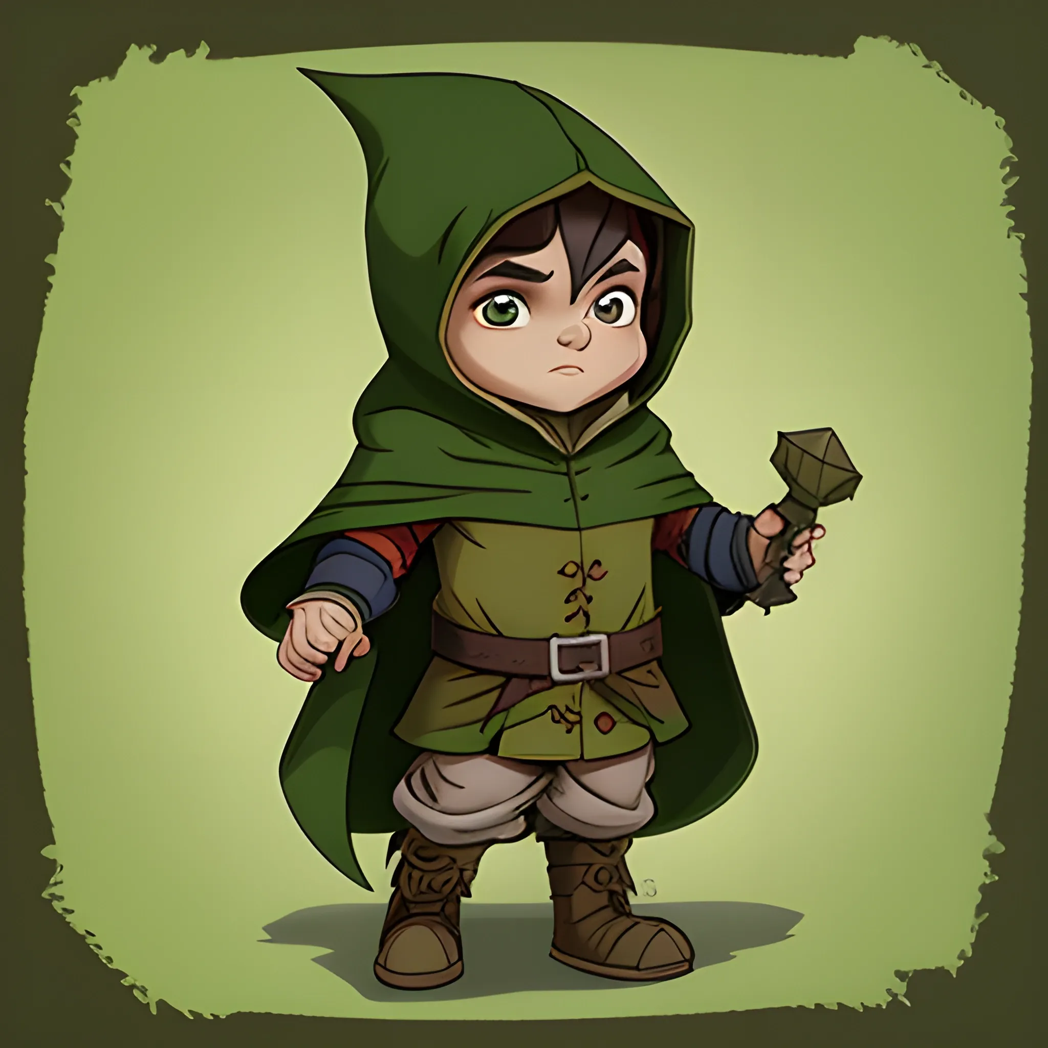 dungeons and dragons, gnome, rogue, green eyes, brown hair, tan skin, hooded cloak, short, black outfit, green trim, Cartoon