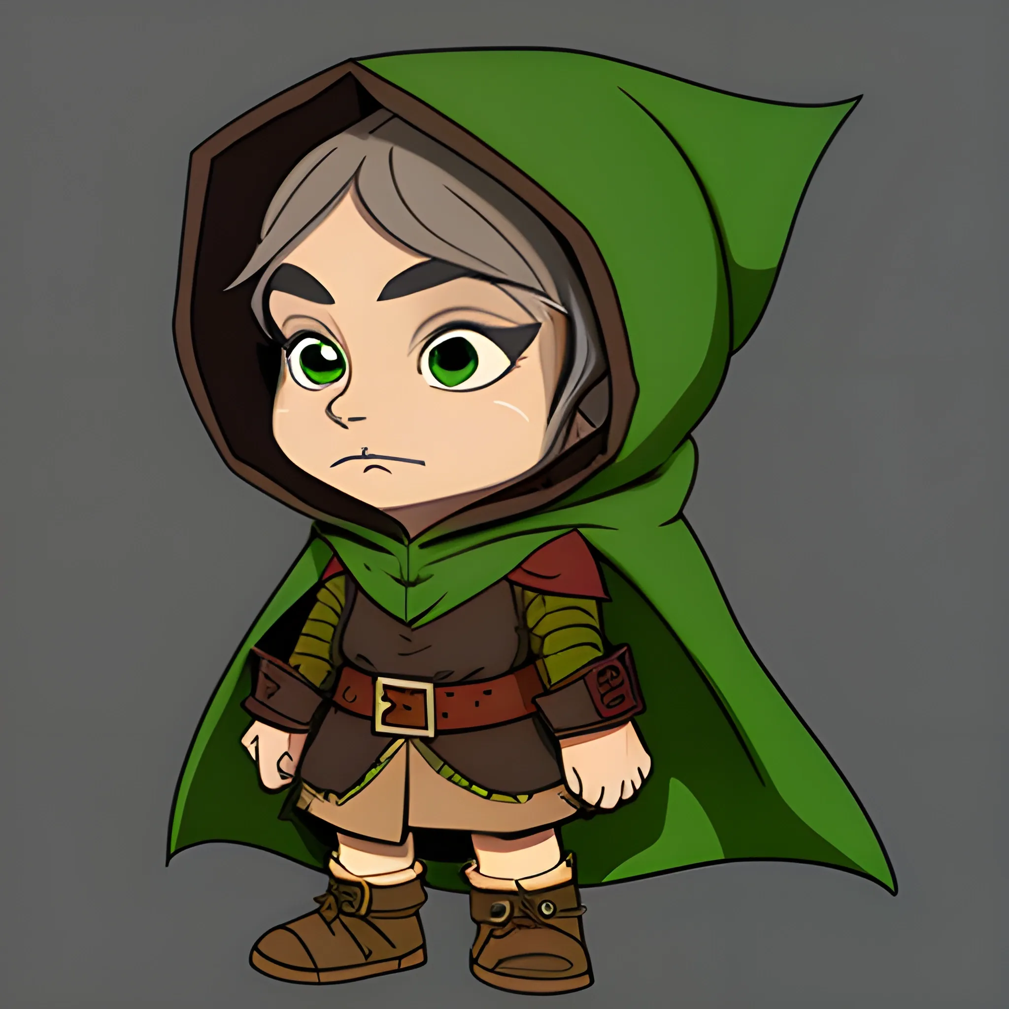dungeons and dragons, gnome, rogue, green eyes, brown hair, tan skin, hooded cloak, short, black outfit, green trim, Cartoon