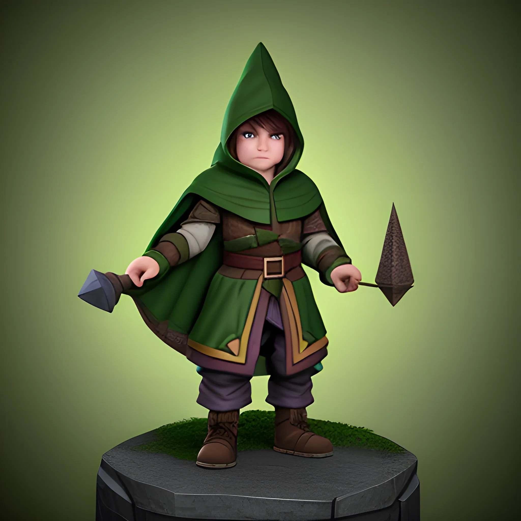 dungeons and dragons, gnome, rogue, green eyes, brown hair, tan skin, hooded cloak, short, black outfit, green trim, 3D