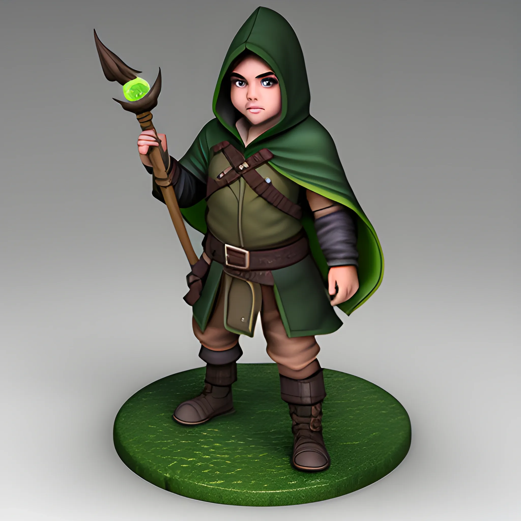 dungeons and dragons, gnome, rogue, green eyes, brown hair, tan skin, black hooded cloak, short, black outfit, green trim, 3D, masculine