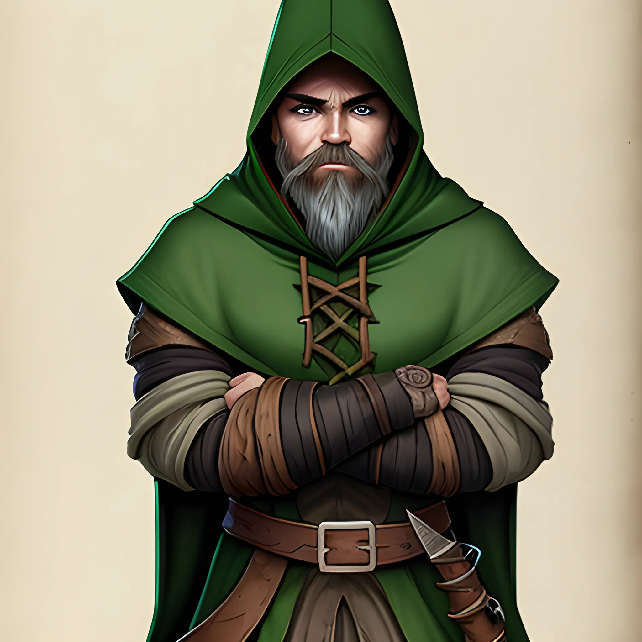 dungeons and dragons, gnome, rogue, green eyes, brown hair, tan skin, black hooded cloak, short, black outfit, green trim, masculine, beard, Pencil Sketch