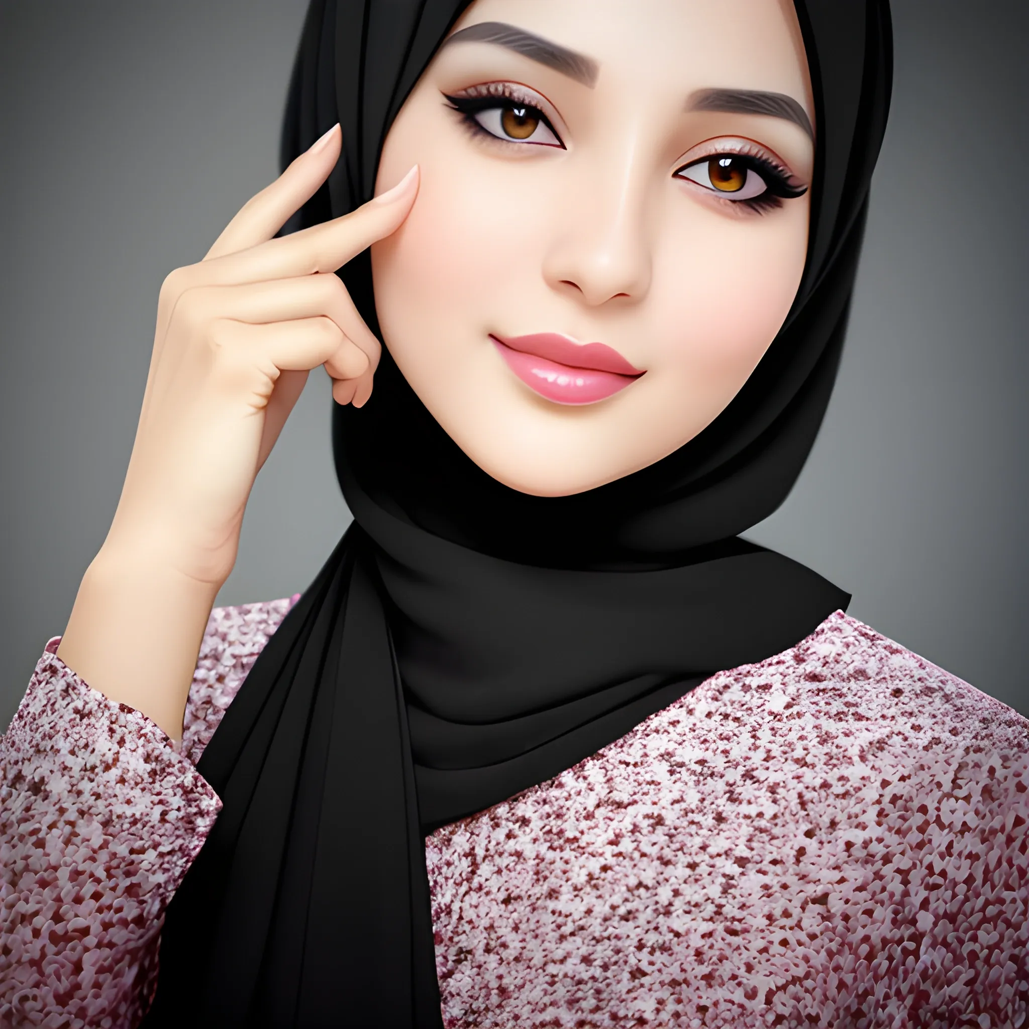 beautiful women, elegant, happy, hijab, standing , black hair, short hair, good hand, 4k, best quality, sharp focus, soft lighting, skinny, ideal body, slim fit, portrait, professional model pose, face advanced, face detail, perfect finger, beautiful lips
