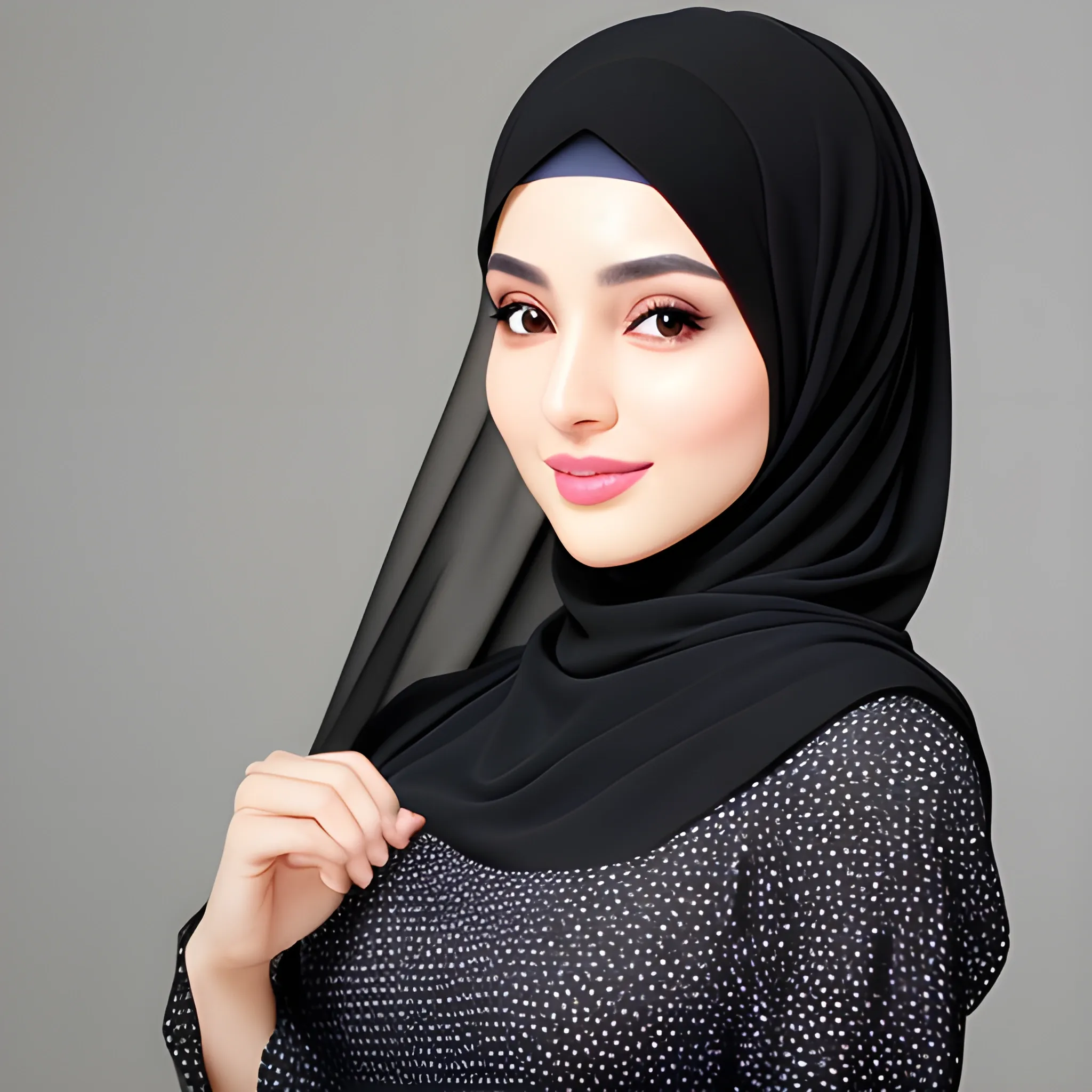 beautiful women, elegant, happy, hijab, standing , black hair, short hair, good hand, 4k, best quality, sharp focus, soft lighting, skinny, ideal body, slim fit, portrait, professional model pose, face advanced, face detail, perfect finger, beautiful lips, full body, front model , no background