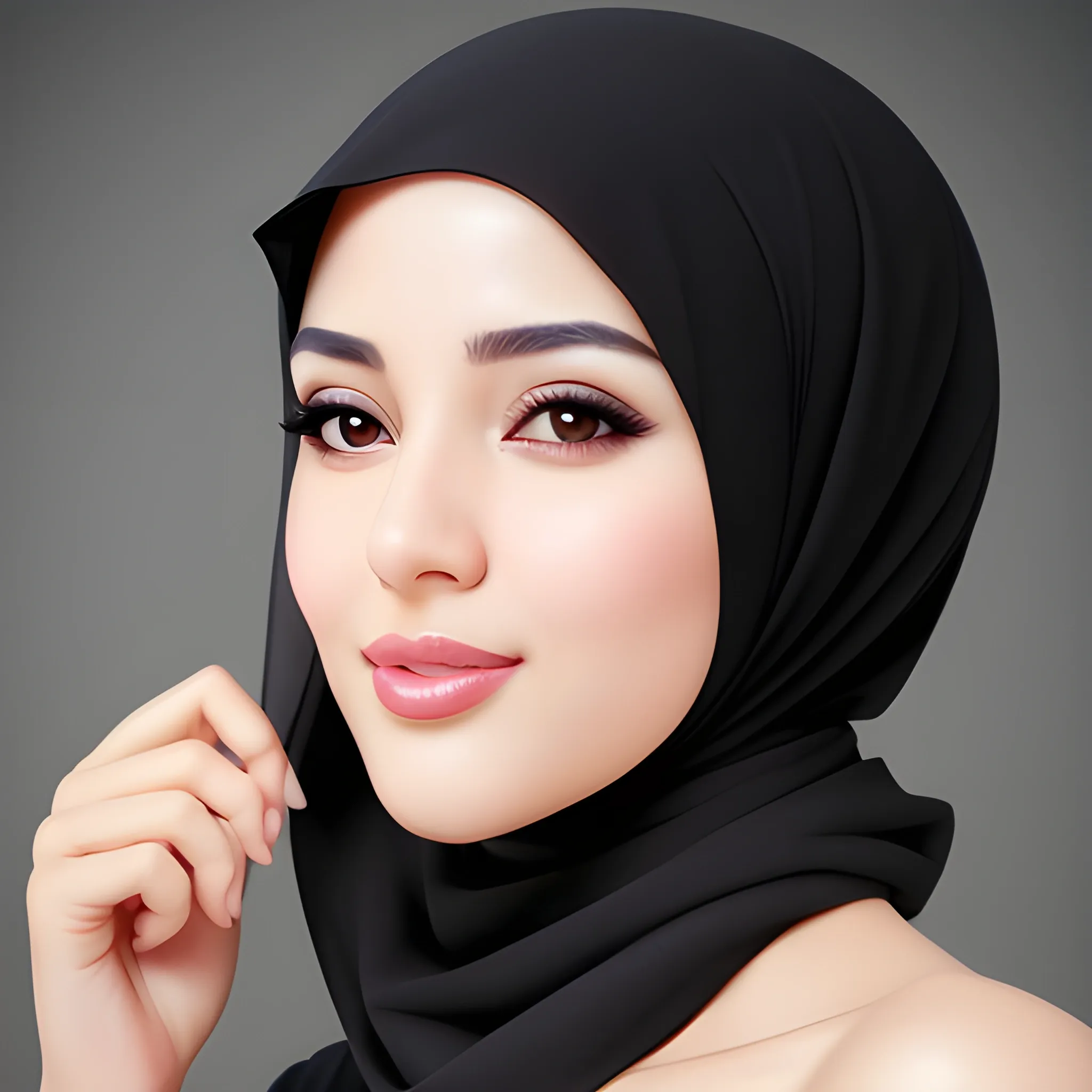 beautiful women, elegant, happy, hijab, standing , black hair, short hair, good hand, 4k, best quality, sharp focus, soft lighting, skinny, ideal body, slim fit, portrait, professional model pose, face advanced, face detail, perfect finger, beautiful lips, full body, front model , no background