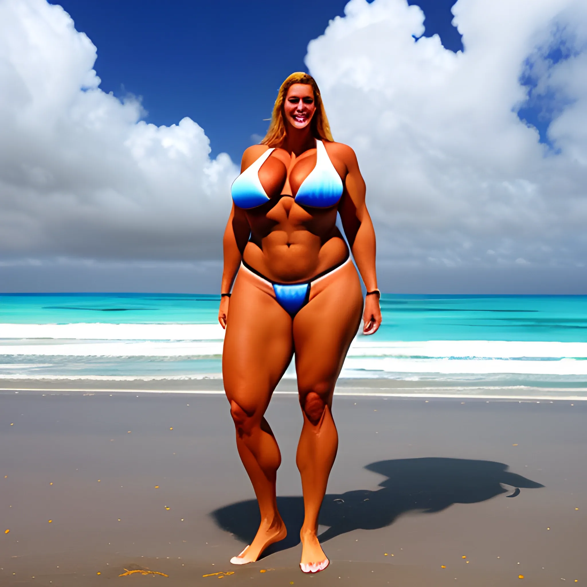 beautiful huge and tall muscular young blonde girl standing on tropical beach looking friendly down from under the clouds