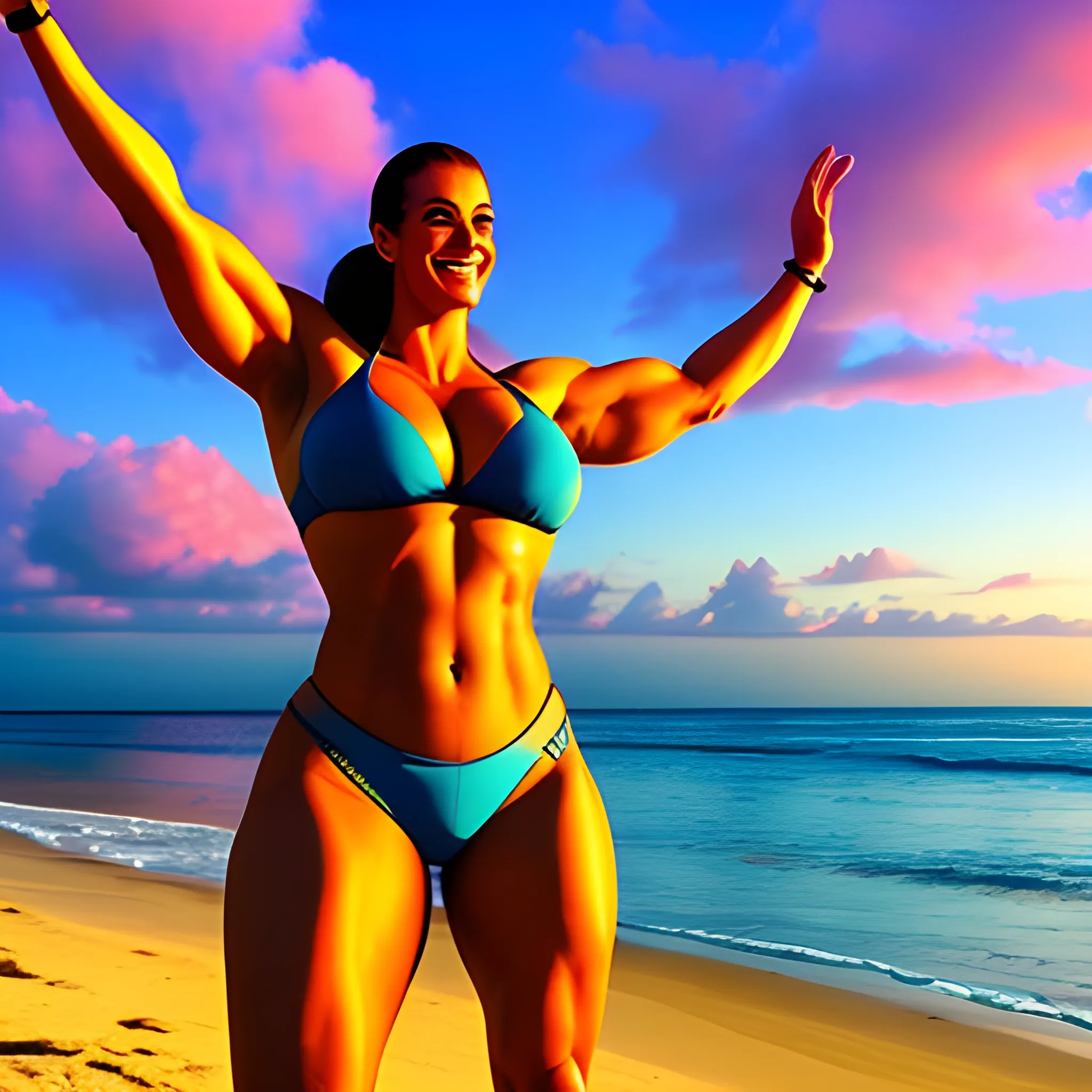 beautiful huge and tall muscular gently smiling young blonde girl exercising on tropical beach at sunset under the sky