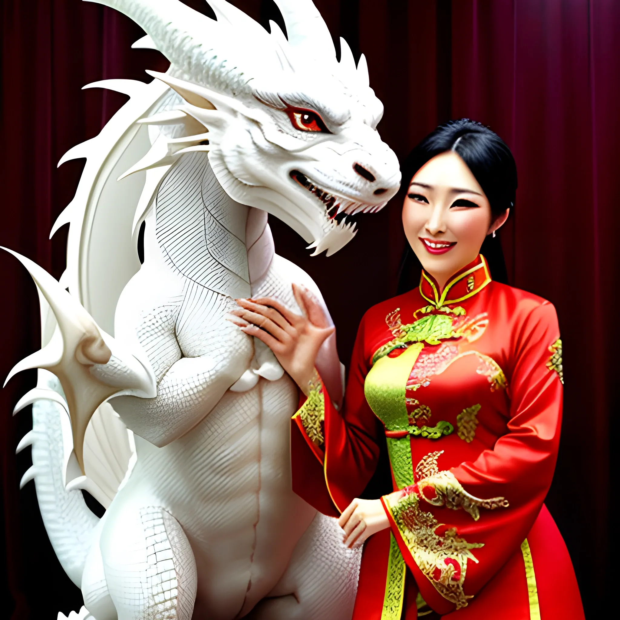 Chinese beauty hugs a cute little white dragon