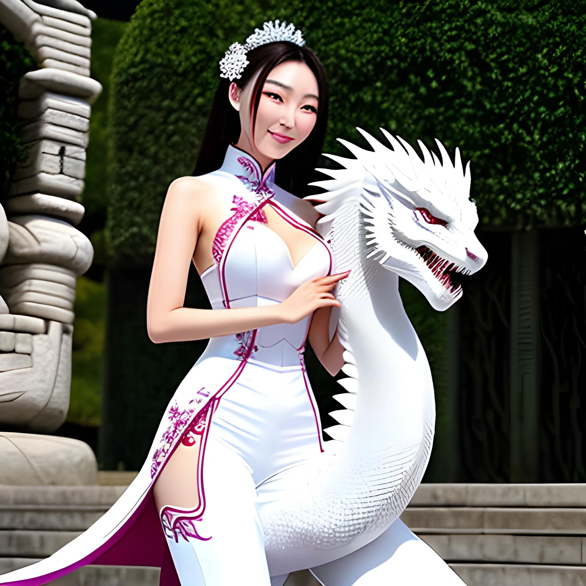 Chinese beauty hugs a cute little white dragon