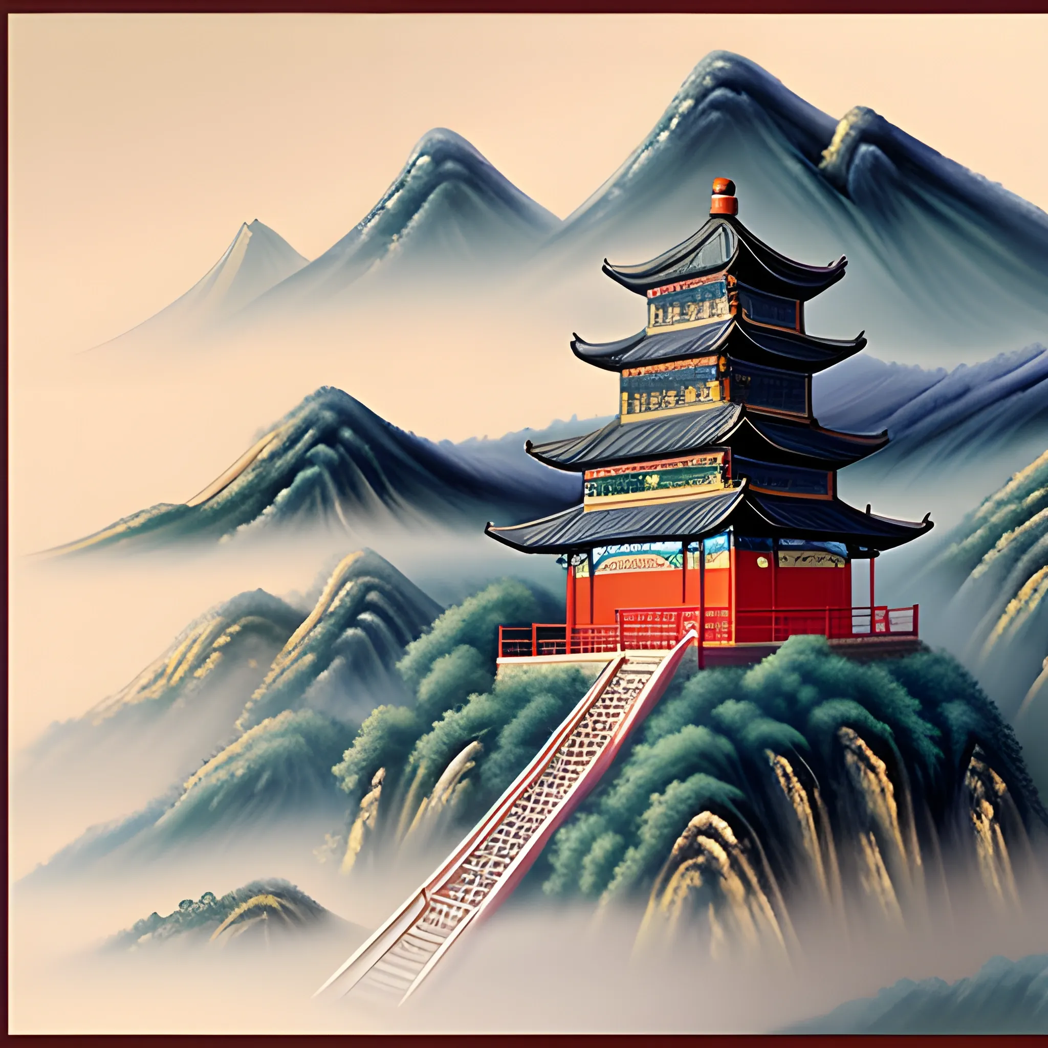 Chinese mountain scenery with pagoda, moon phase top right corner,  fog, traditional Chinese brush style, ultra-high details, ultra-high definition