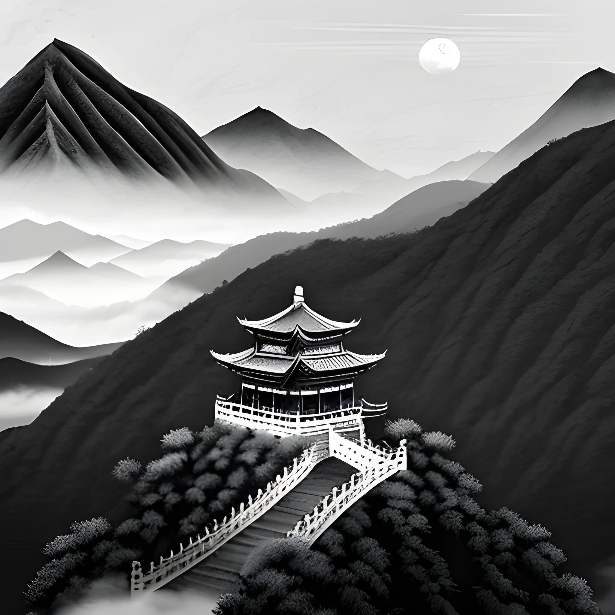 Chinese mountain scenery with small pagoda, moon phase top right corner,  fog, traditional Chinese brush style, ultra-high details, ultra-high definition in black and white