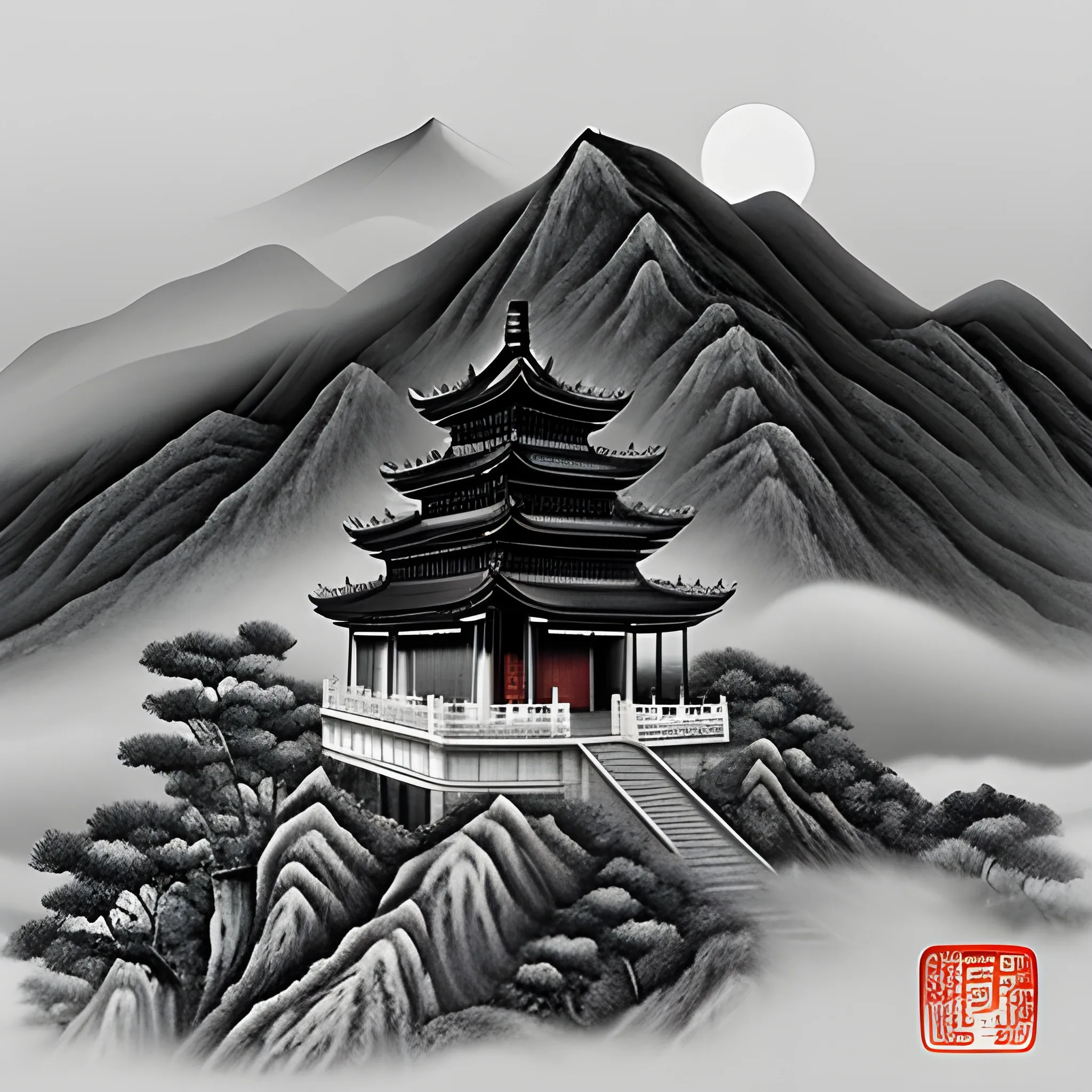 Chinese mountain scenery with small pagoda hiding in the moutain, moon phase top right corner,  fog, traditional Chinese brush style, ultra-high details, ultra-high definition in black and white