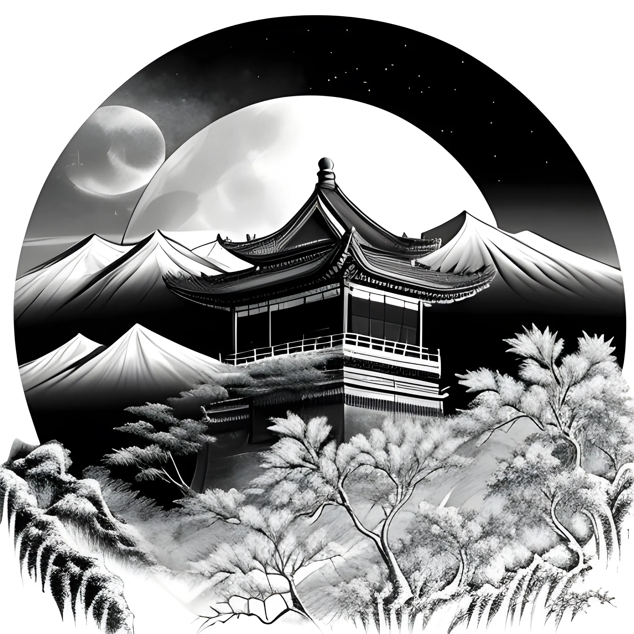 Chinese mountain scenery with tiny pagoda hiding behind the mountain, moon phase top right corner,  fog, traditional Chinese brush style, ultra-high details, ultra-high definition in black and white