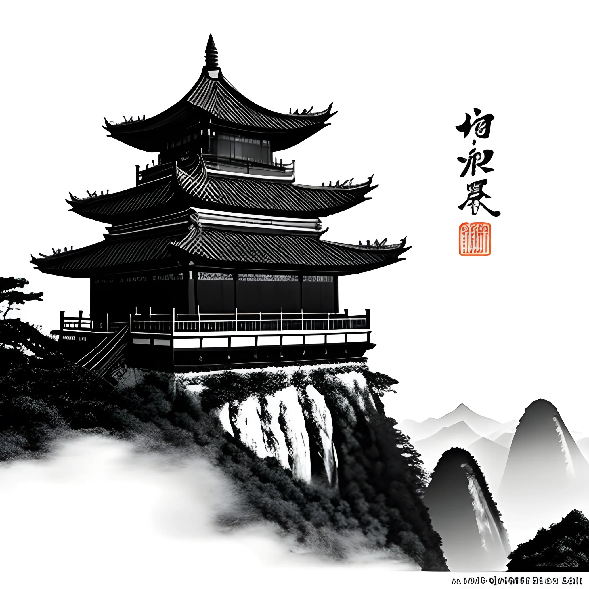 Chinese Guilin mountain silhouette with tiny pagoda on top high mountain, large moon top right corner,  fog, traditional Chinese brush style, ultra-high details, ultra-high definition in black and white