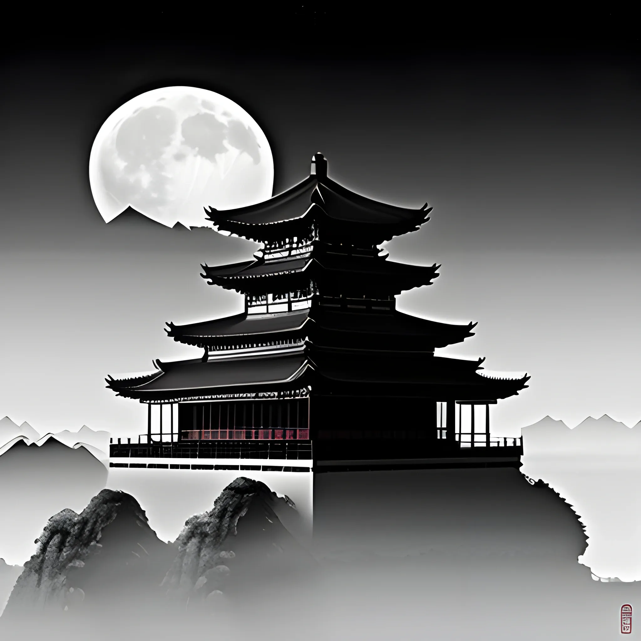 Chinese Guilin mountain silhouette with a tiny pagoda on top of high mountains with fog, a large moon in the top right corner, traditional black and white Chinese brush style, ultra-high details, ultra-high definition in black and white