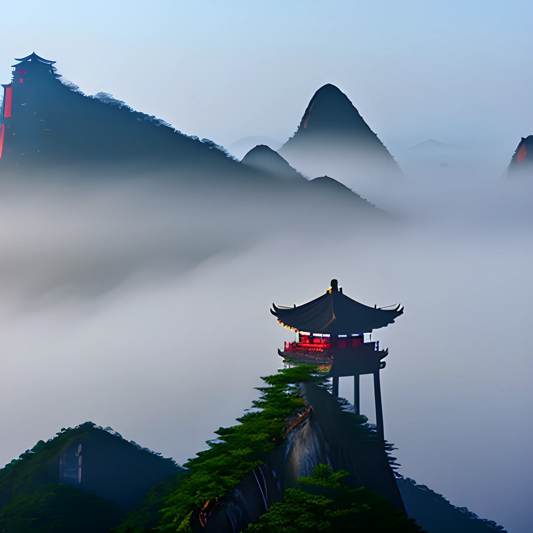 Chinese Huangshan mountain silhouette with a tiny pagoda on top of high mountains with fog
