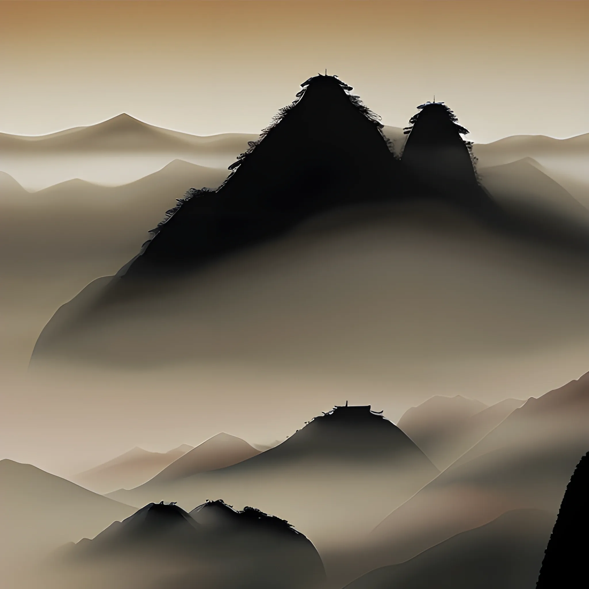 Chinese Huangshan mountain silhouette with fog, Chinese brush painting style