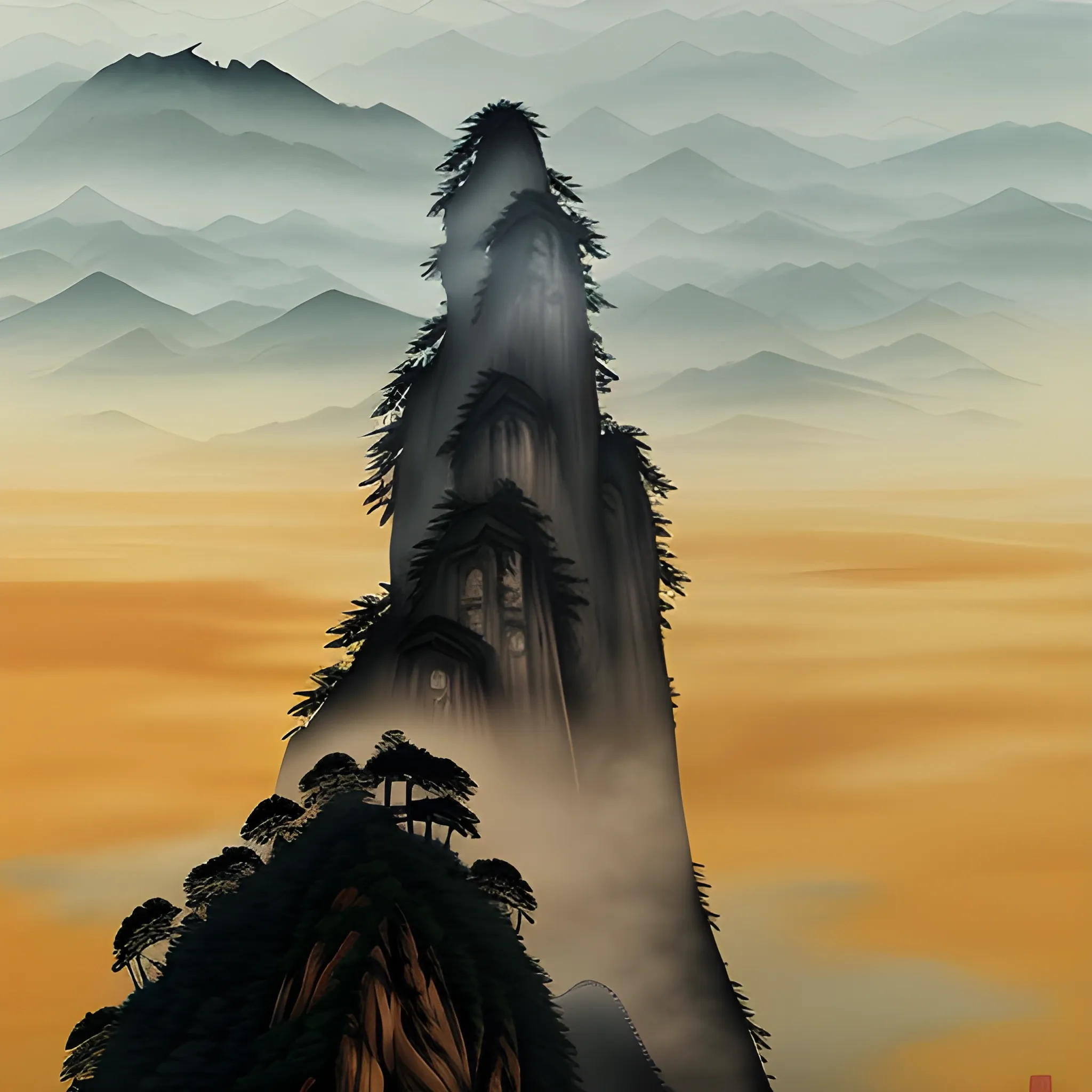 Chinese Huangshan mountain silhouette with fog, Chinese brush painting style, tiny temple hiding within the mountain 