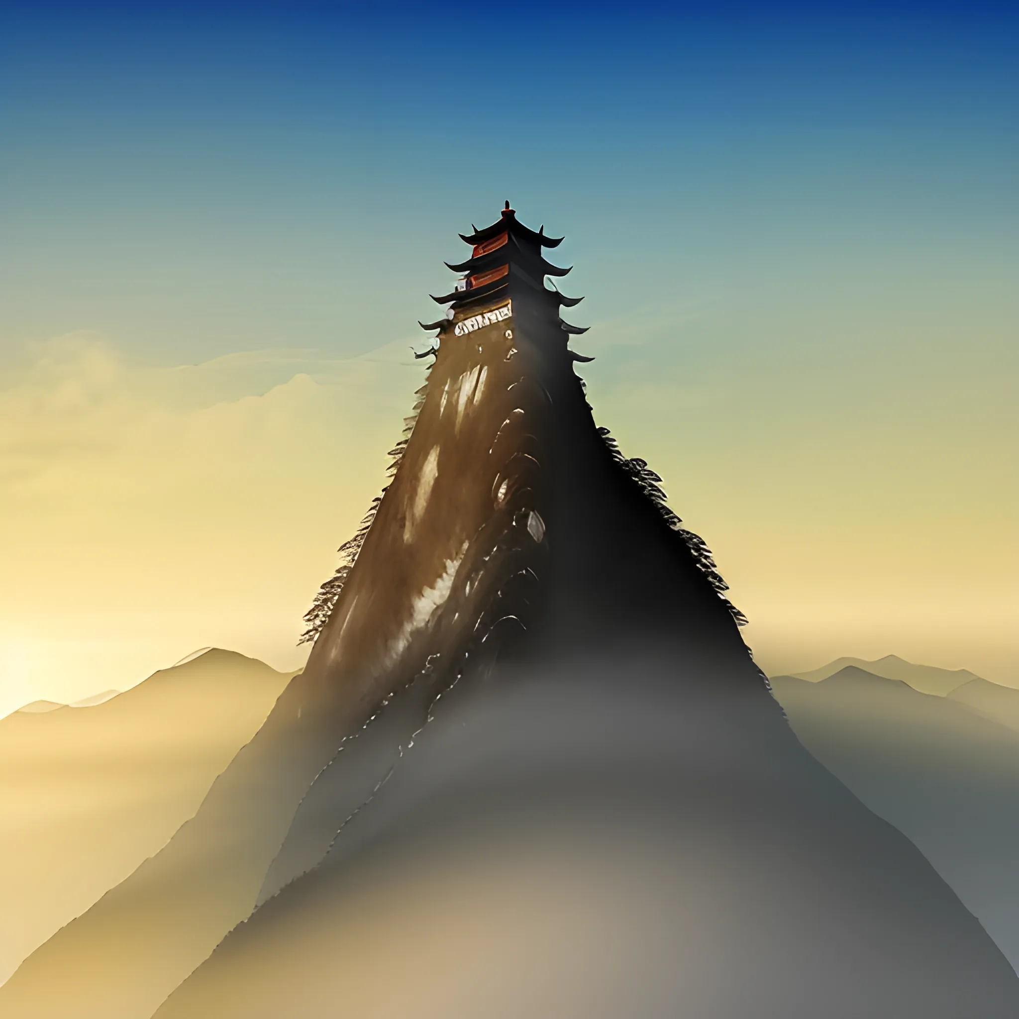 Chinese Huangshan mountain silhouette with fog, Chinese brush painting style, tiny temple on top the mountain 