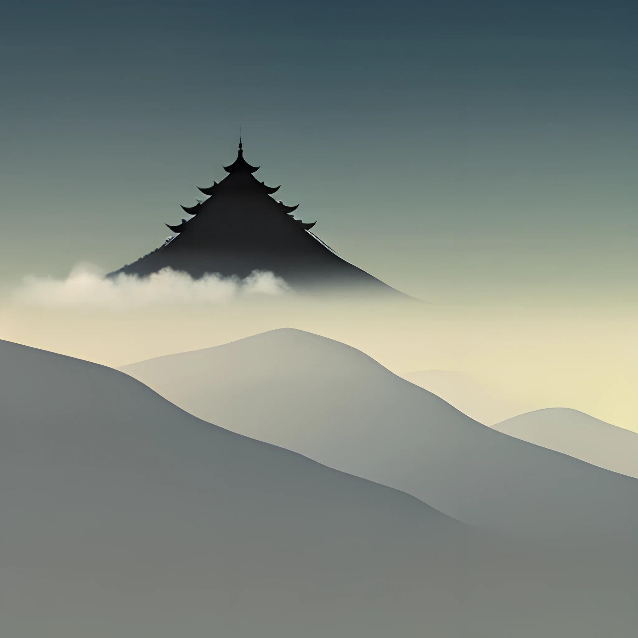 Chinese mountain more rounded silhouette with fog, Chinese brush painting style, tiny temple on top the mountain 