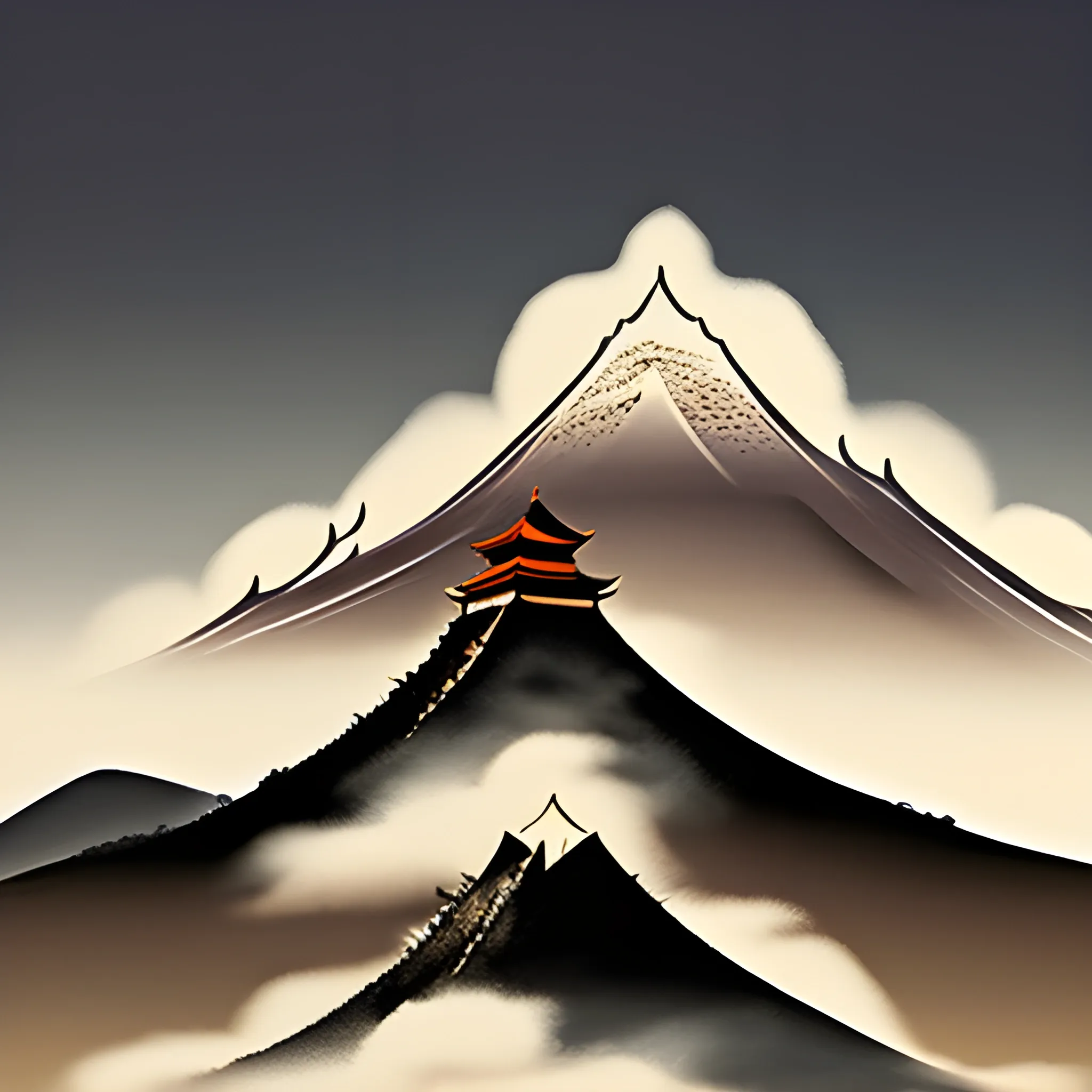 Create a Chinese-style brush painting that features a mist-shrouded mountain with a gently contoured silhouette, accentuated by a diminutive temple nestled atop the summit.
