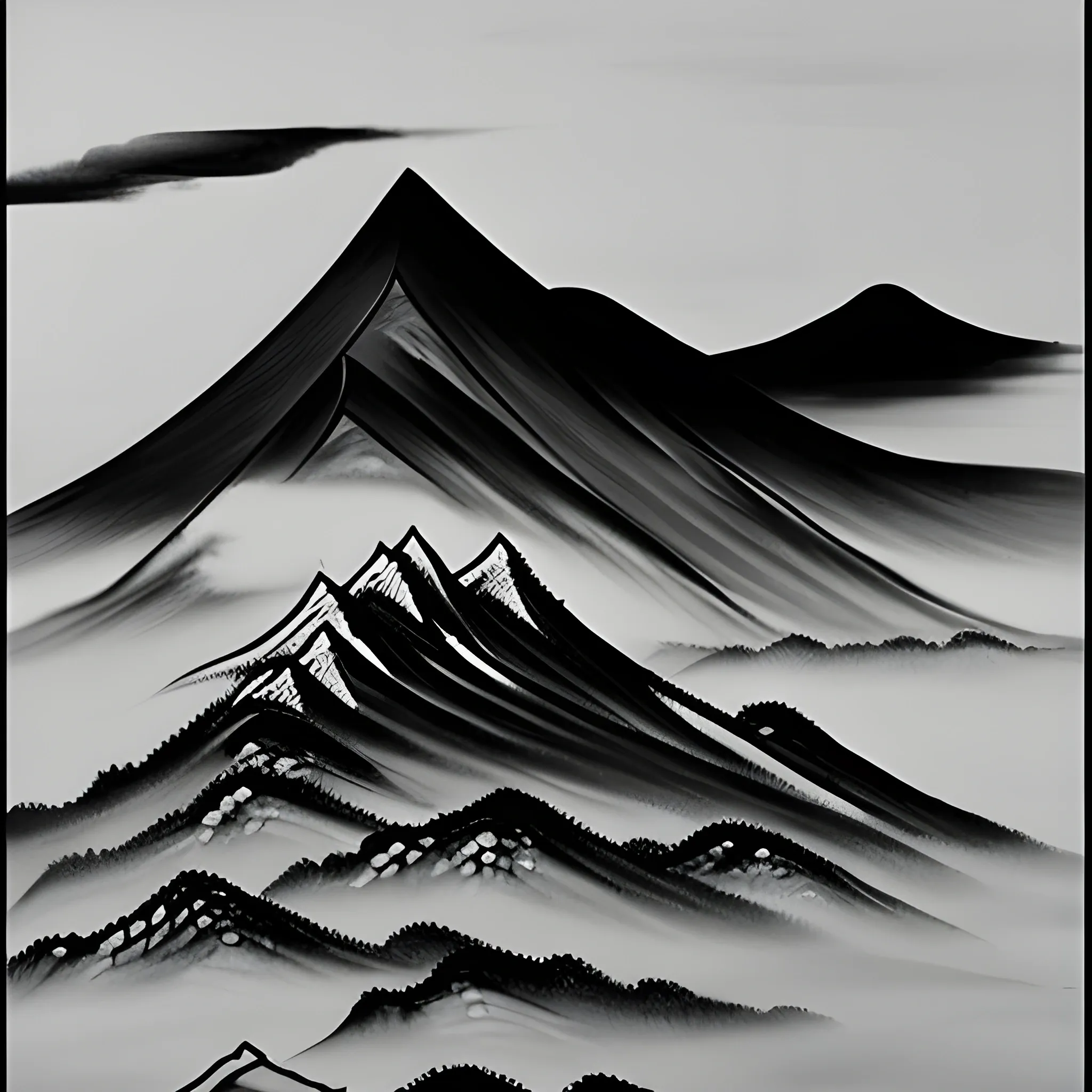 Produce a black and white Chinese brush painting showcasing a misty mountain with softly curved contours and a tiny temple crowning its peak.