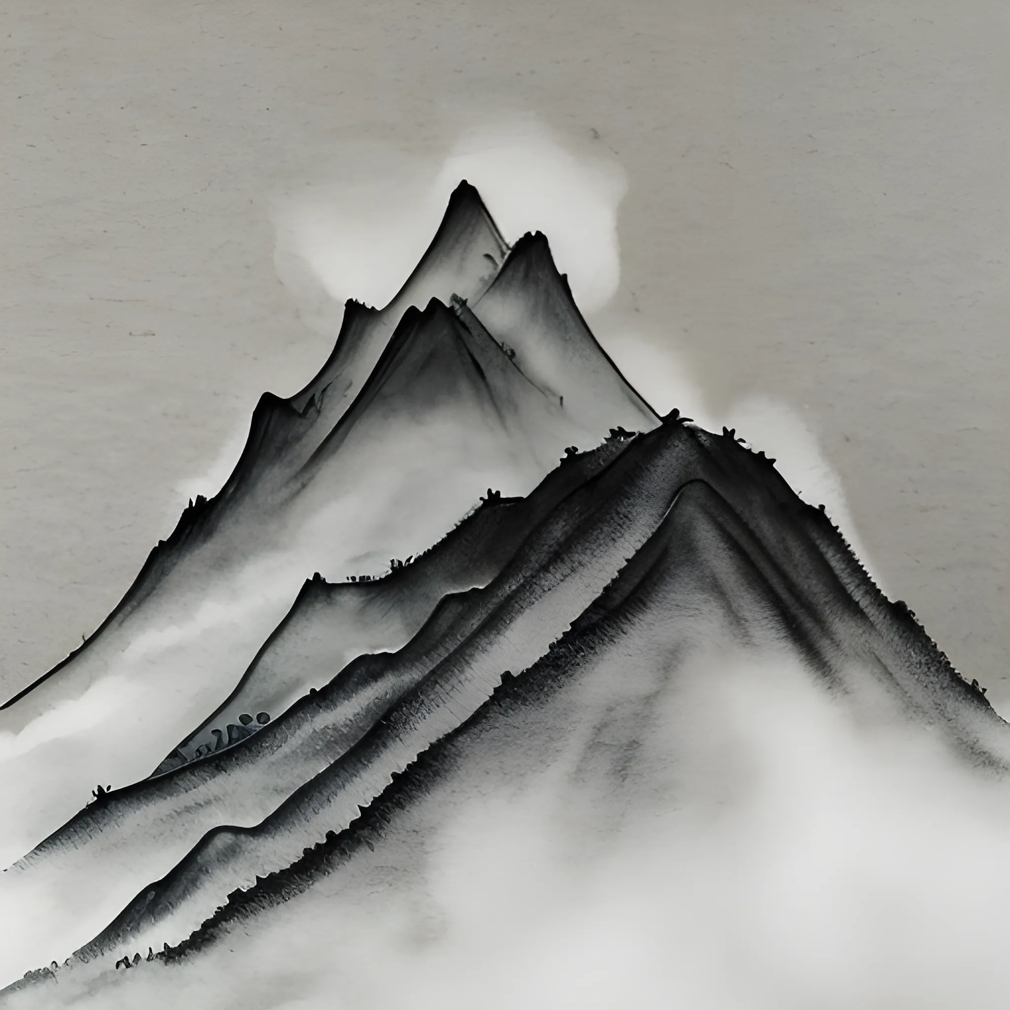 Produce a Shuǐ mò huà (Chinese ink wash painting) that portrays a mountain with a softly rounded outline enveloped in mist, showcasing a tiny temple perched on its peak.
