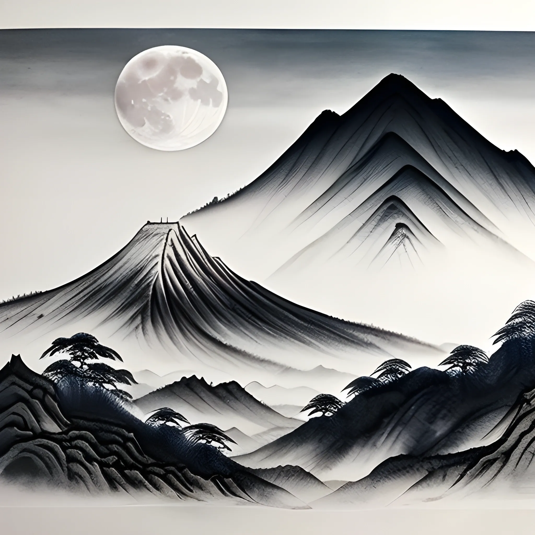 Produce a Shuǐ mò huà (Chinese ink wash painting) depicting multiple layers of mist-covered mountains, with the largest moon visible on the right side of the composition. Additionally, include a tiny temple situated atop one of the mountains for added detail and depth.
