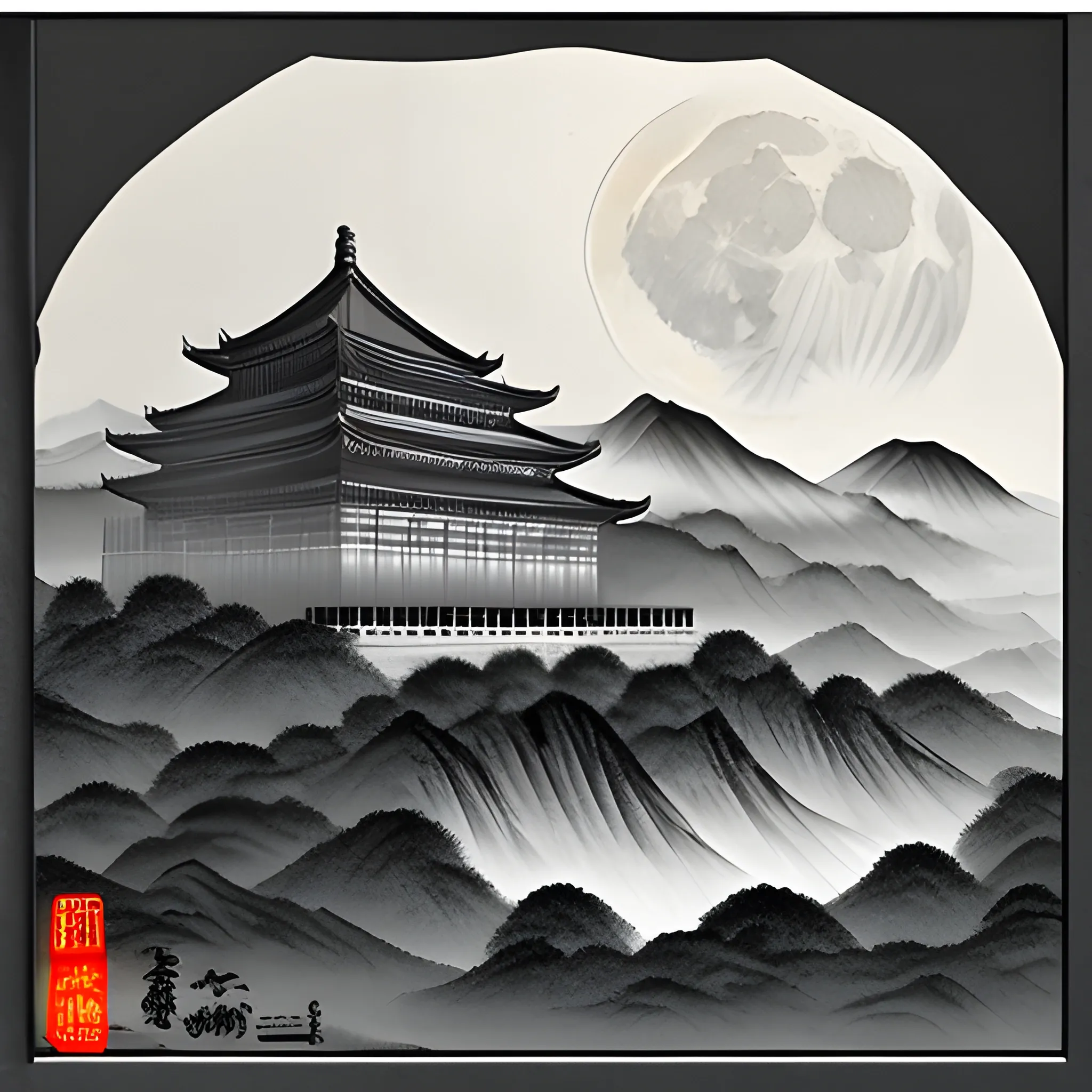 Produce a Shuǐ mò huà (Chinese ink wash painting) depicting lonly of mist-covered mountains, with the largest moon visible on the right side of the composition. Additionally, include a tiny temple situated atop one of the mountains for added detail and depth.