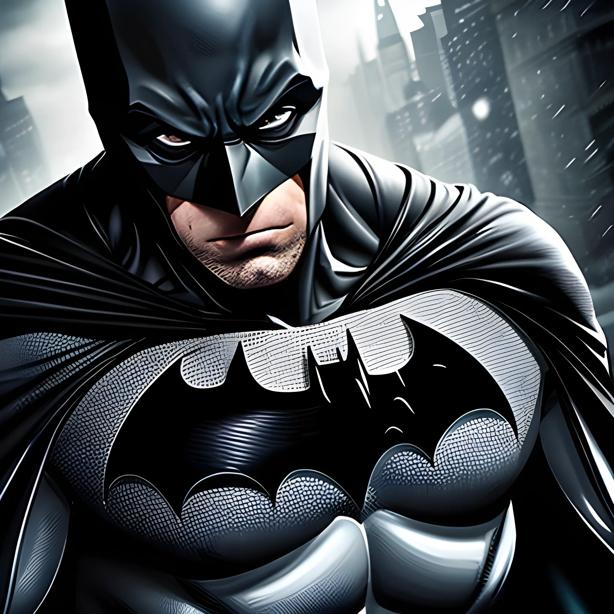 Generate an image of Batman with a high-quality, professional, and charming look. Make him appear handsome and sophisticated in his iconic suit, while ensuring that the editing maintains Batman's distinct features and character. Focus on enhancing his facial features, attire, and overall presentation while staying true to his original appearance