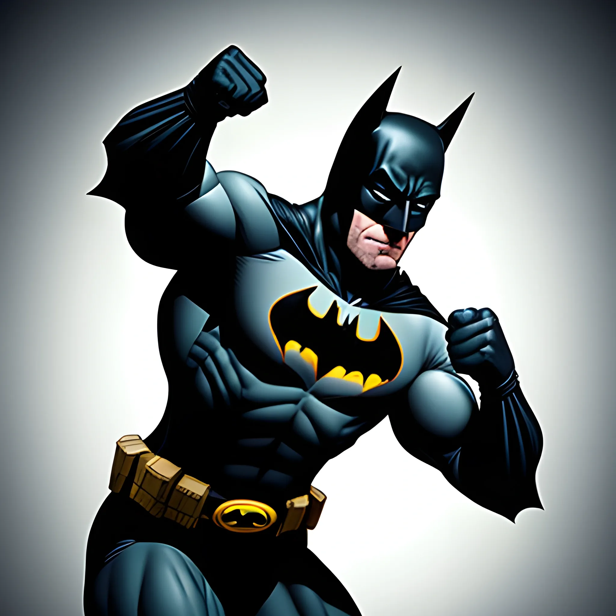 Generate an image of Batman with a strong and muscular physique. In his iconic suit, make sure his muscles are well-defined and have veins visibly popping out to emphasize his strength and power while maintaining his overall heroic appearance.