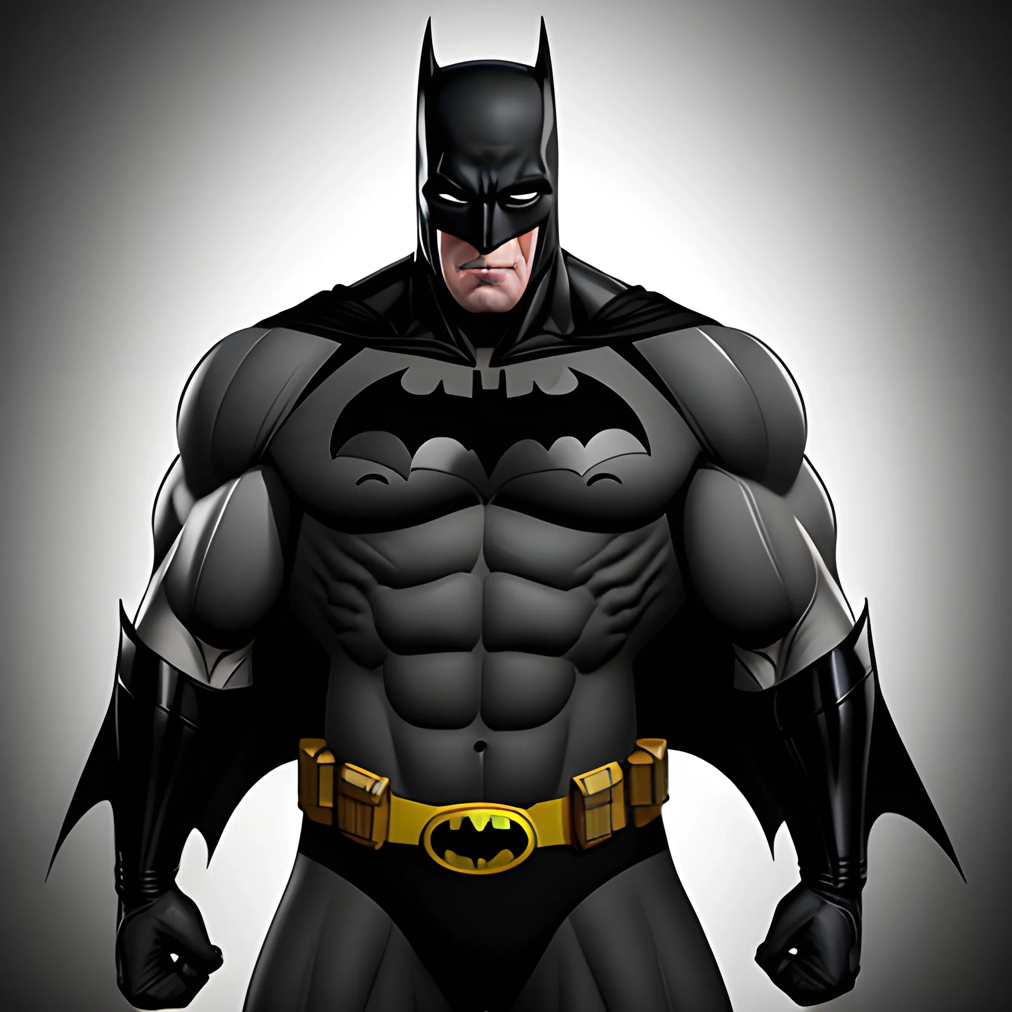 Generate a high-quality and highly realistic image of Batman with a strong and muscular physique. In his iconic suit, make sure his muscles are well-defined and have veins visibly popping out to emphasize his strength and power while maintaining his overall heroic appearance.