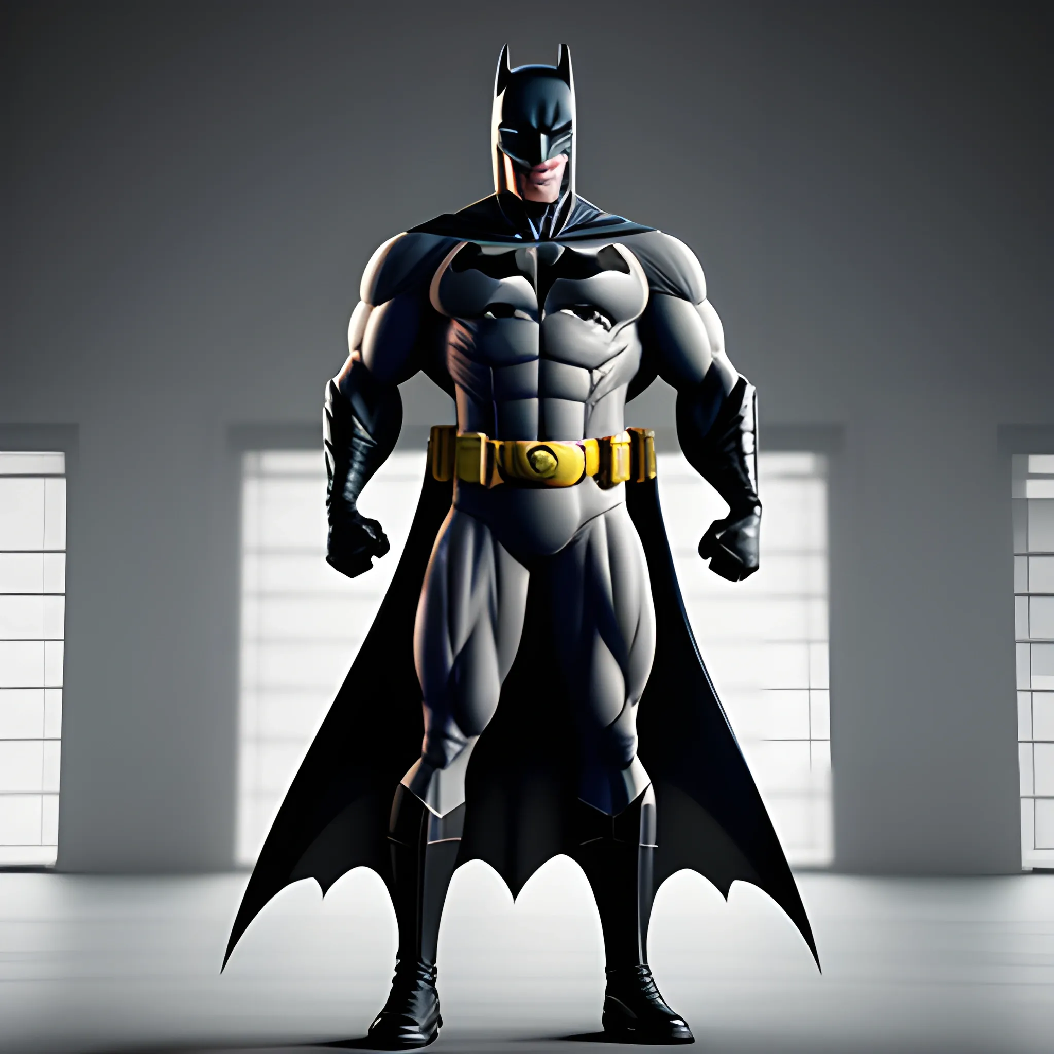 Produce a highly realistic image of Batman in a suit with strong and well-defined muscles, making sure that veins are visibly popping out to emphasize his strength. The image should have a photorealistic quality and capture the essence of Batman's heroic character.