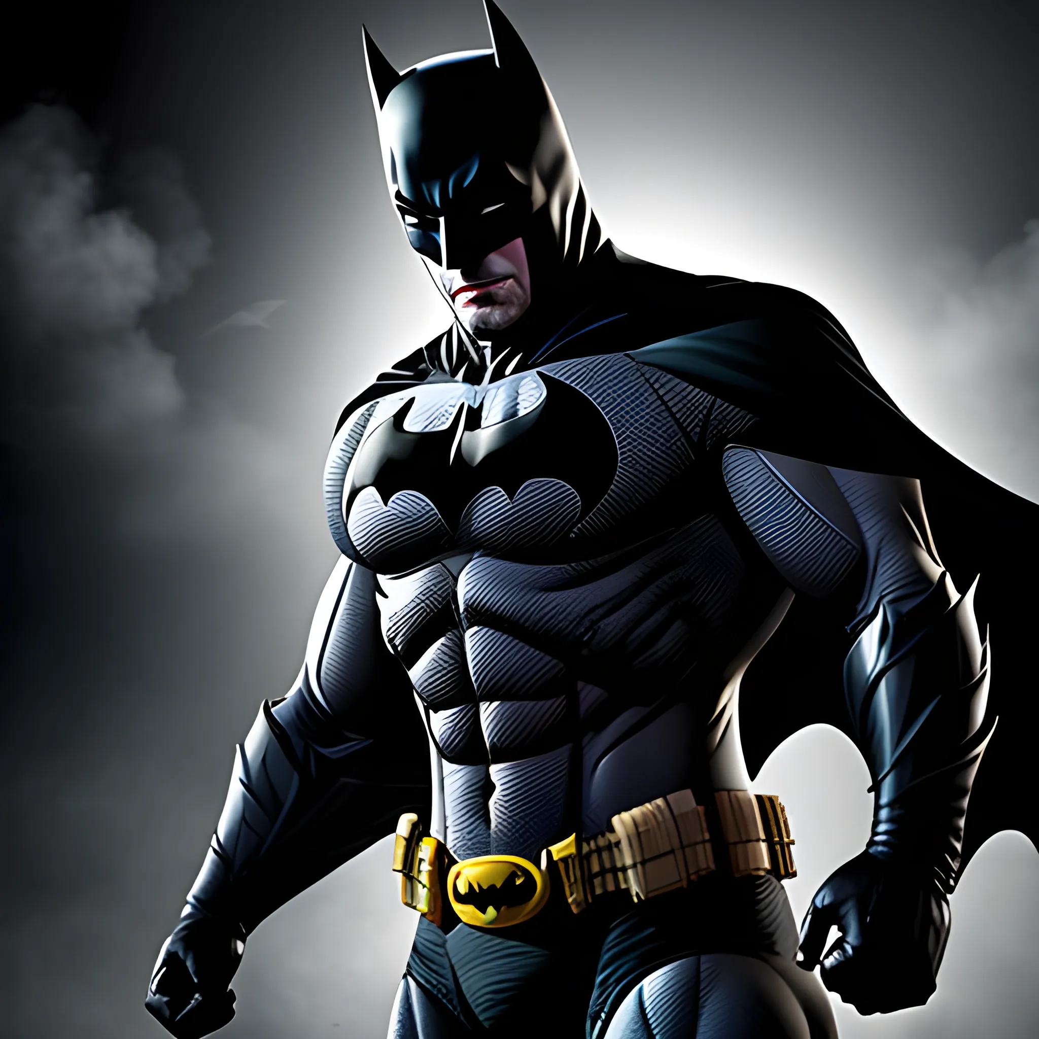 Generate an image of Batman with an ultra-realistic, photorealistic quality. Ensure that Batman's physique is portrayed with incredible detail, showing strong muscles with veins popping out while he wears his iconic suit. The final image should capture every realistic nuance of Batman's appearance