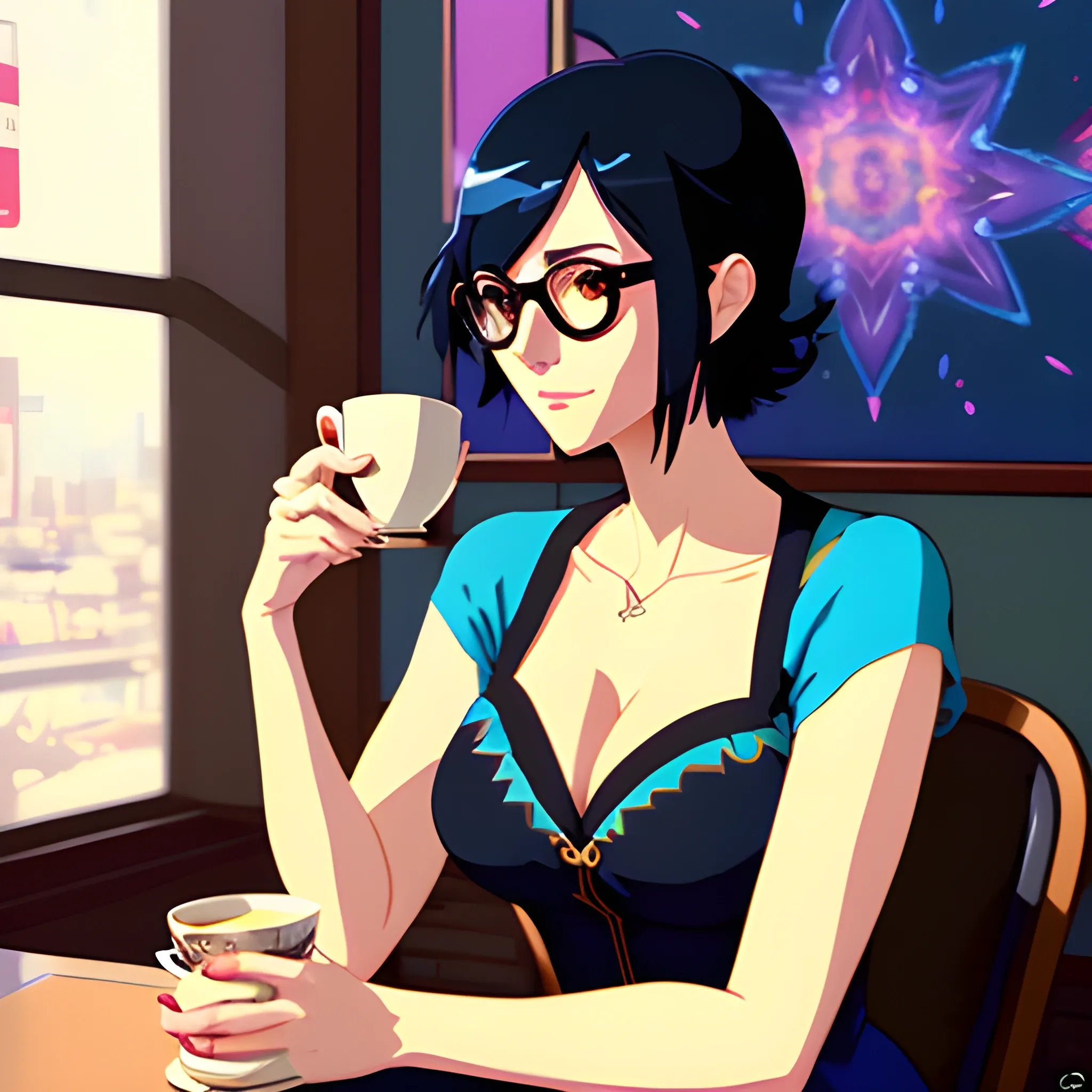 cute girl in blue dress black hair black wayfarer glasses sitting psychedelic patterns inside cafe holding cup of coffee with background by greg rutkowski makoto shinkai kyoto animation key art feminine mid shot