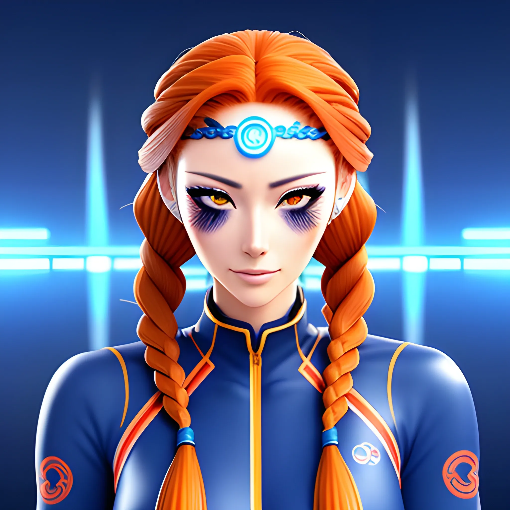 An anime-style girl with long fiery hair braided in a braid with a Japanese character on her face, wearing blue high-tech clothes, middle ground, anime, classic drawing, 3D
