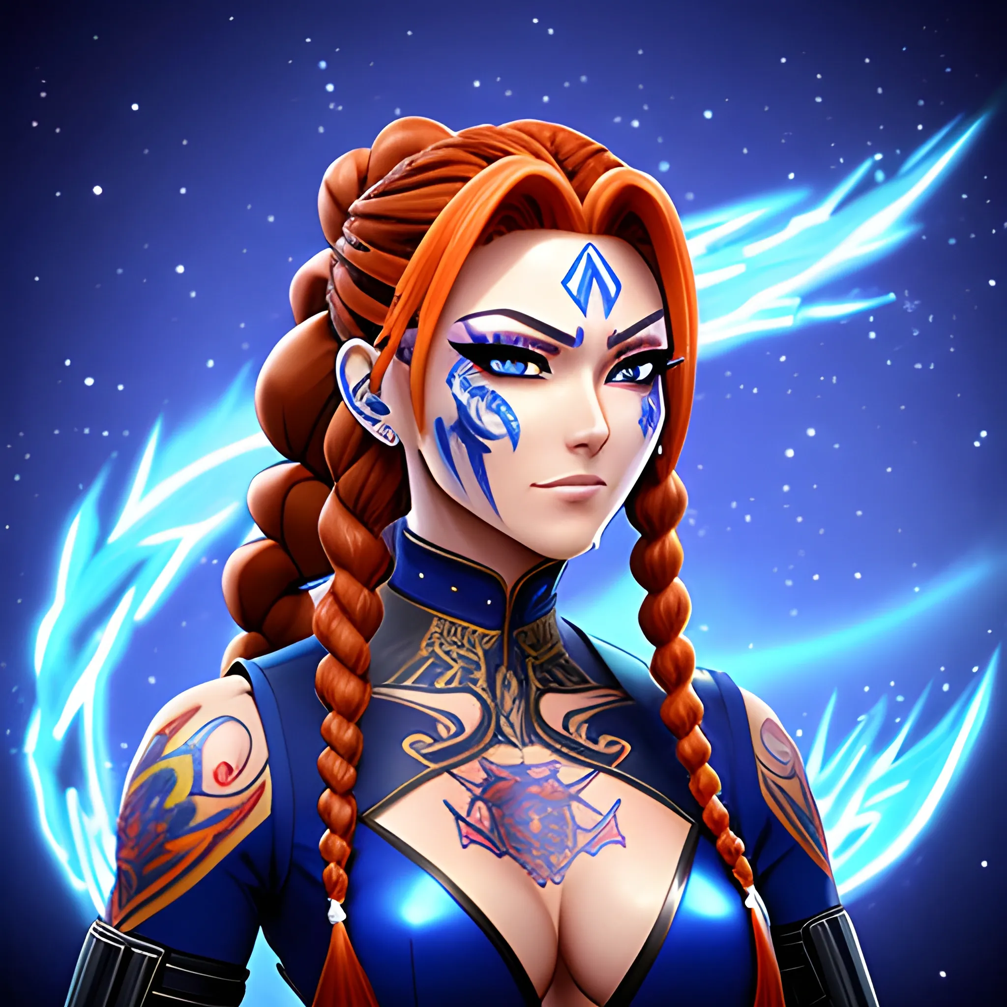 Great warrior Aliya conquering otherworldly parallel worlds. An anime-style girl with long fiery hair braided in a braid with a Japanese character tattooed on her face, wearing blue high-tech military clothes, middle ground, anime, classic drawing, 3D