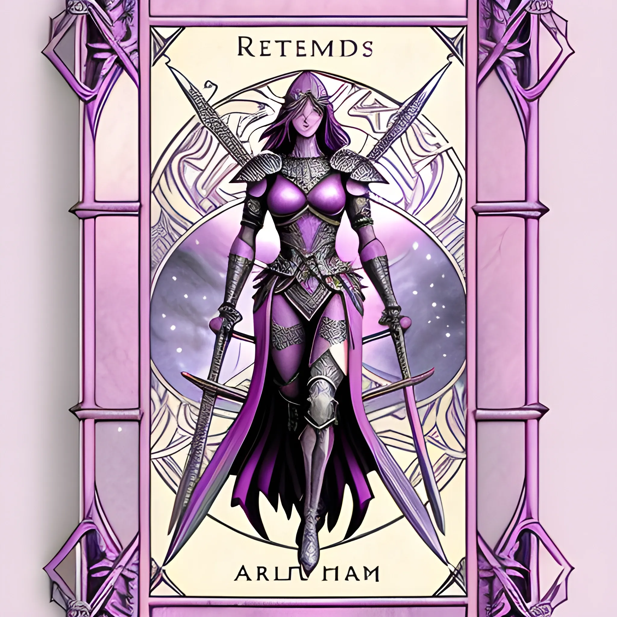 Realistic illustration of a girl carrying five swords, highly detailed, for use in a Tarot Card deck, Tarot Card Style, mystical, purple, pink and neutral colors, children, sparkle,  border,  minor arcana, 3D
Negative prompt: bad,  ugly,  bad hands, watermark