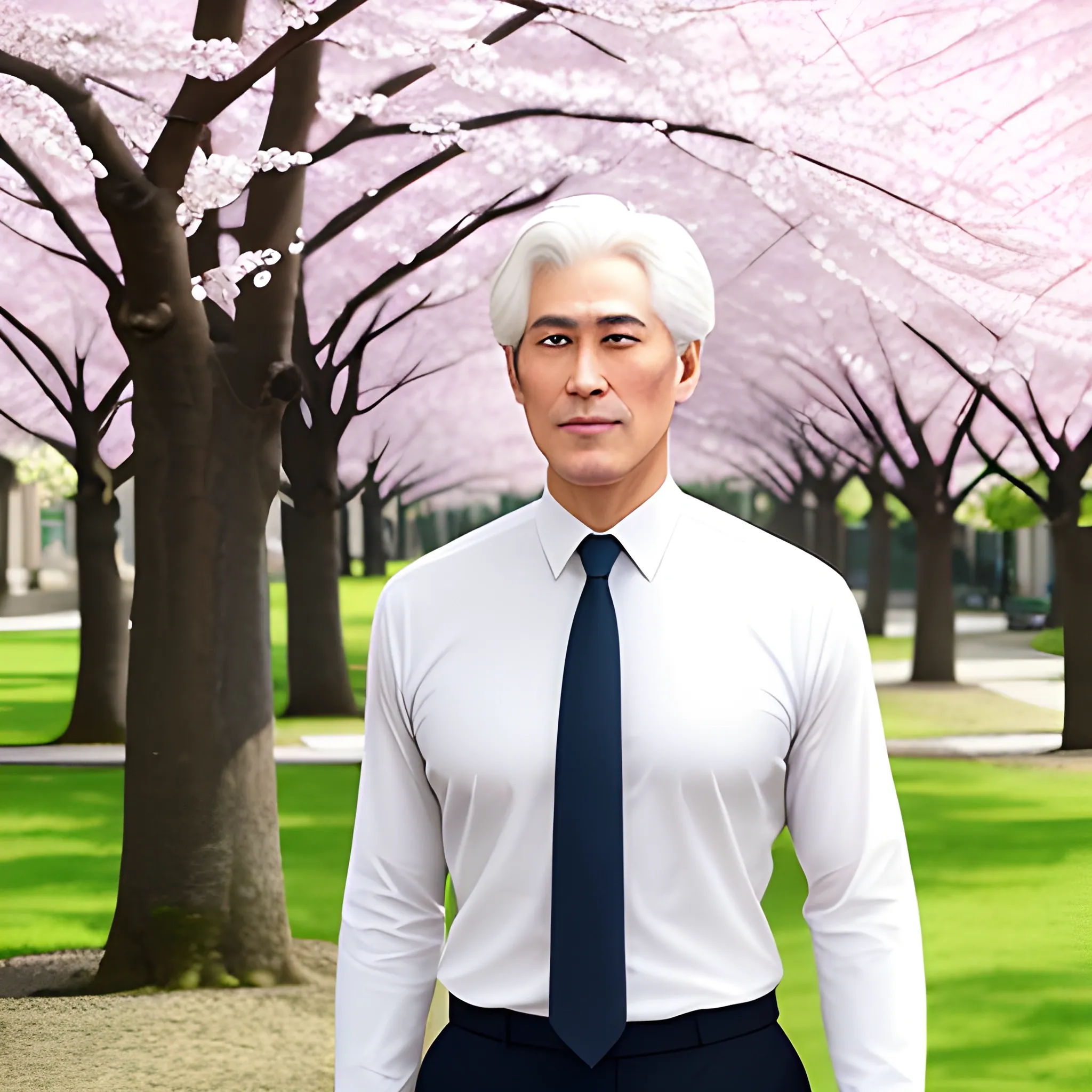 In this serene anime still-frame, a tranquil school courtyard is adorned with a breathtaking cherry blossom tree in full bloom, its delicate pink petals gently falling to the ground. The focal point is a teenage boy with striking white hair, his vibrant green eyes contrasting beautifully with the natural scenery.

The boy stands gracefully in his school uniform, the fabric crisply pressed and gently swaying in the breeze. The uniform consists of a white dress shirt, a neatly knotted tie, and a perfectly pleated pair of dark trousers. He exudes an air of quiet elegance.

His gentle smile is the embodiment of warmth and innocence, mirroring the gentle sway of the cherry blossoms around him. The boy's posture exudes a sense of youth and hope, as if he's inviting the viewer to share in the serenity of the moment. This still-frame captures the timeless beauty of youth and the ephemeral nature of cherry blossoms in full bloom., Oil Painting