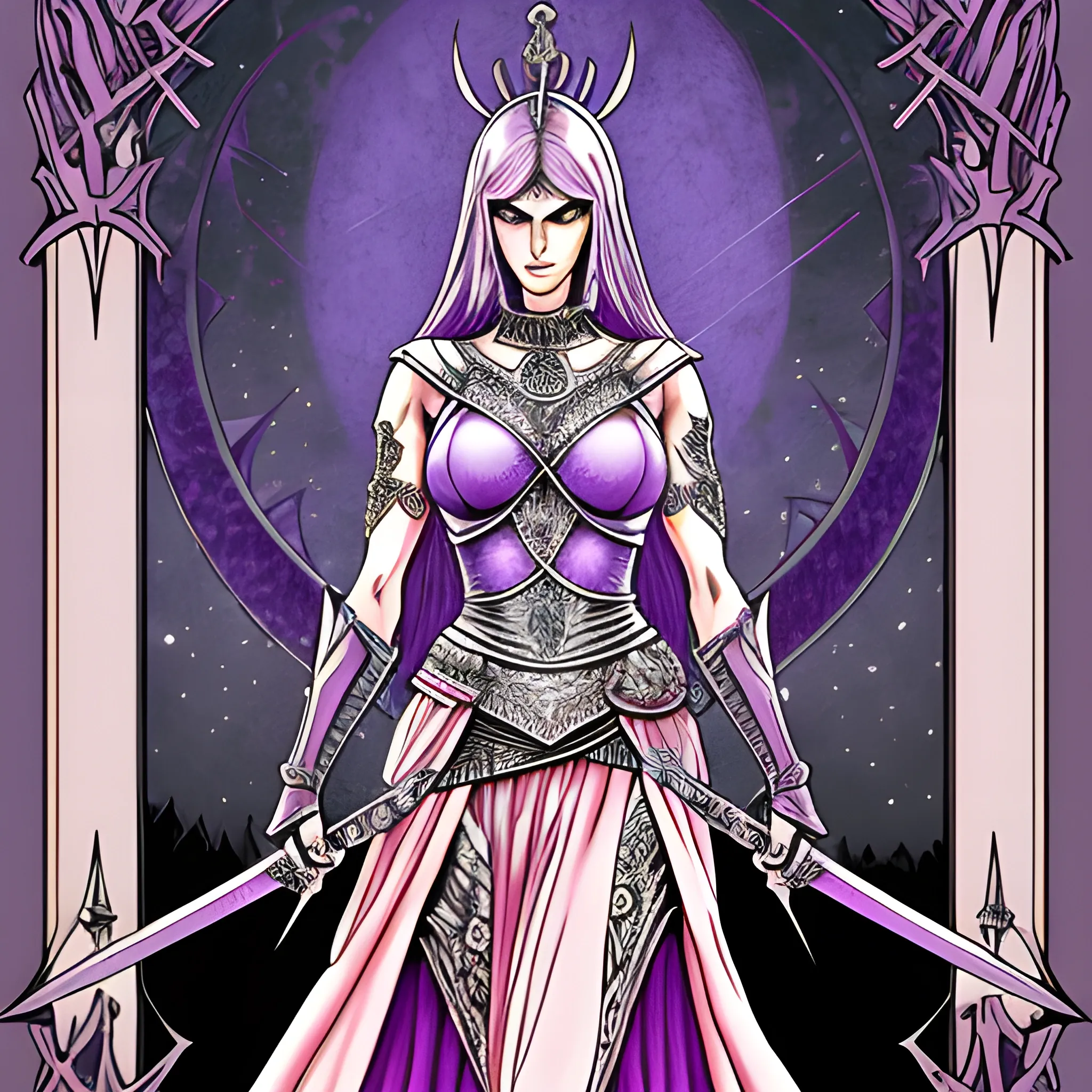 Realistic illustration of a girl carrying five swords, highly detailed, for use in a Tarot Card deck, Tarot Card Style, mystical, purple, pink and neutral colors, children, sparkle,  border,  minor arcana, cartoon
Negative prompt: bad,  ugly,  bad hands, watermark