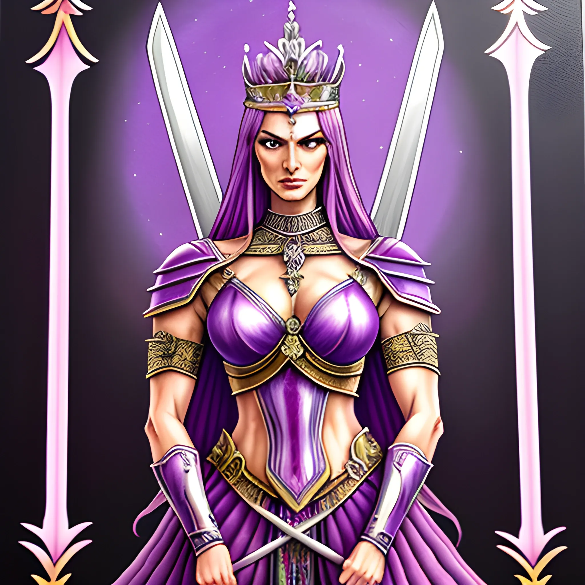 Realistic illustration of a young girl carrying five swords, highly detailed, for use in a Tarot Card deck, Tarot Card Style, mystical, purple, pink and neutral colors, childlike empress, sparkle,  border,  minor arcana, oil painting 
Negative prompt: bad,  ugly,  bad hands, watermark