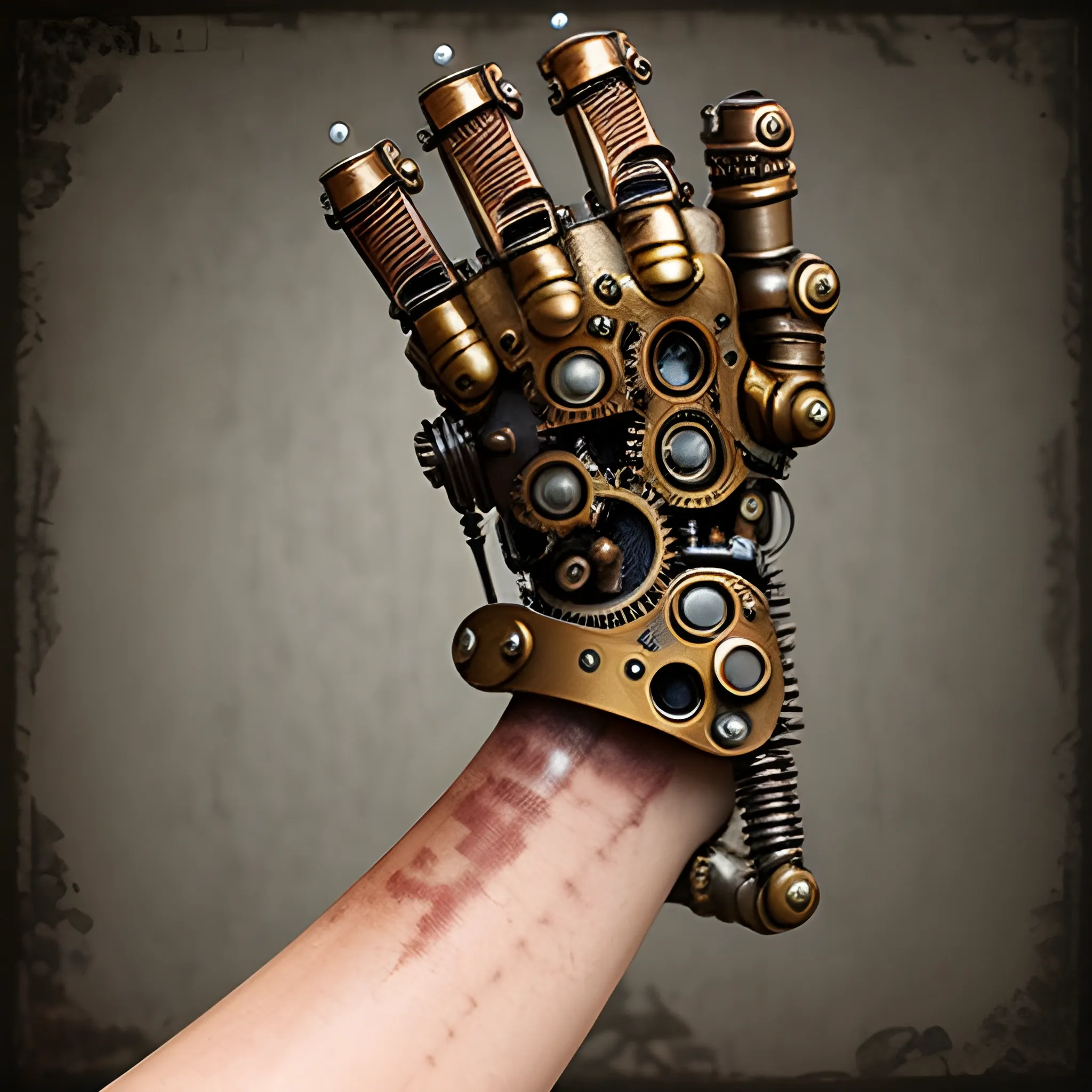 steampunk artificial human-like arm, rusty, old, Victorian, prosthesis