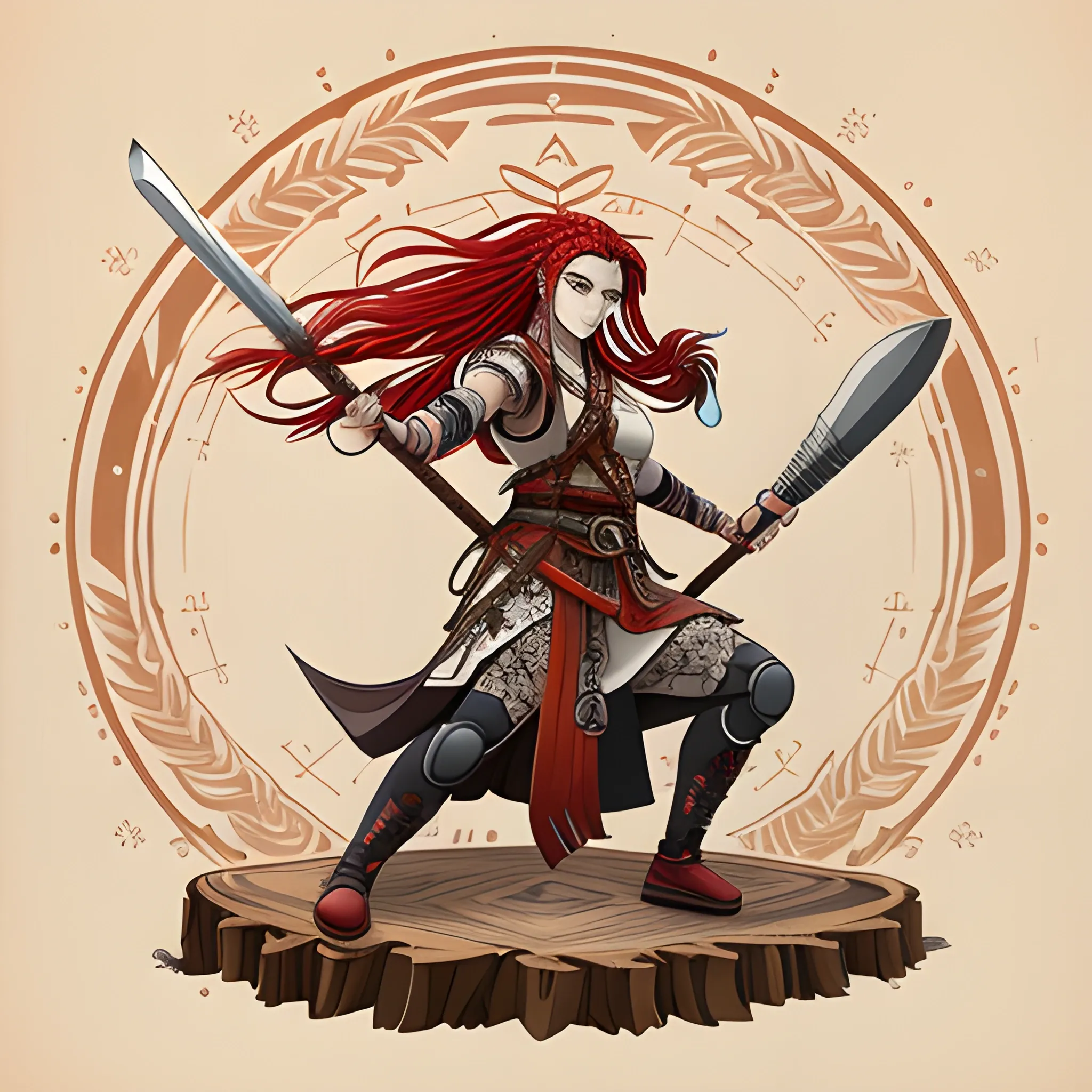 The great warrior Aliya conquering otherworldly parallel worlds. Goddess in anime style with long red hair braided in a braid with a Japanese character tattooed on her face, wearing high-tech military clothing. In one hand he holds an axe (the wooden handle of the axe has red rubies on it). In the other hand holds a hammer ( the wooden handle of the hammer is decorated with diamonds). Classic drawing., 3D