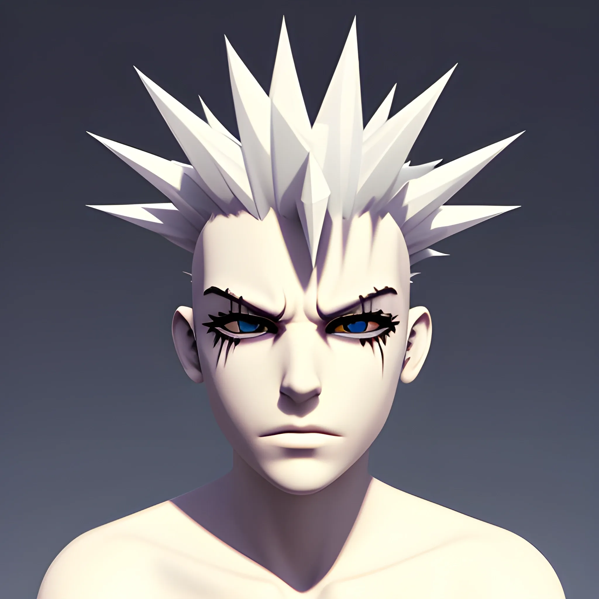 Spiky Head Punk White Character, Left Eye Shape of Plus Symbol, 3D