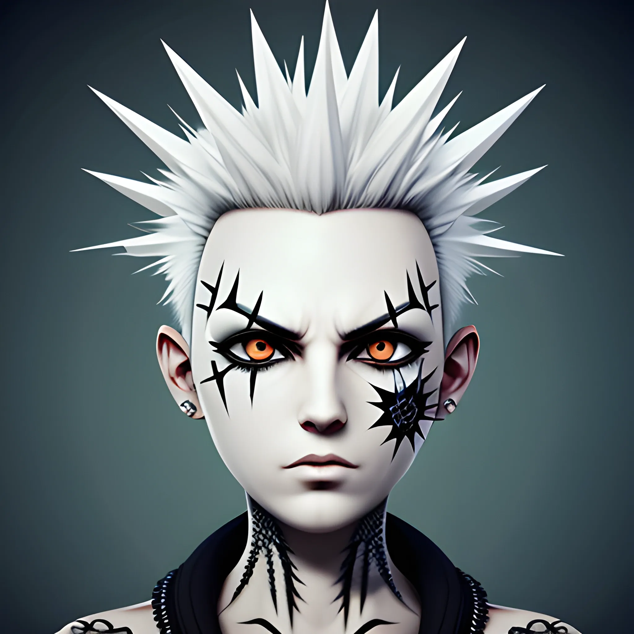 Spiky Head Punk White Character, Eye Shape of Plus Symbol, realistic