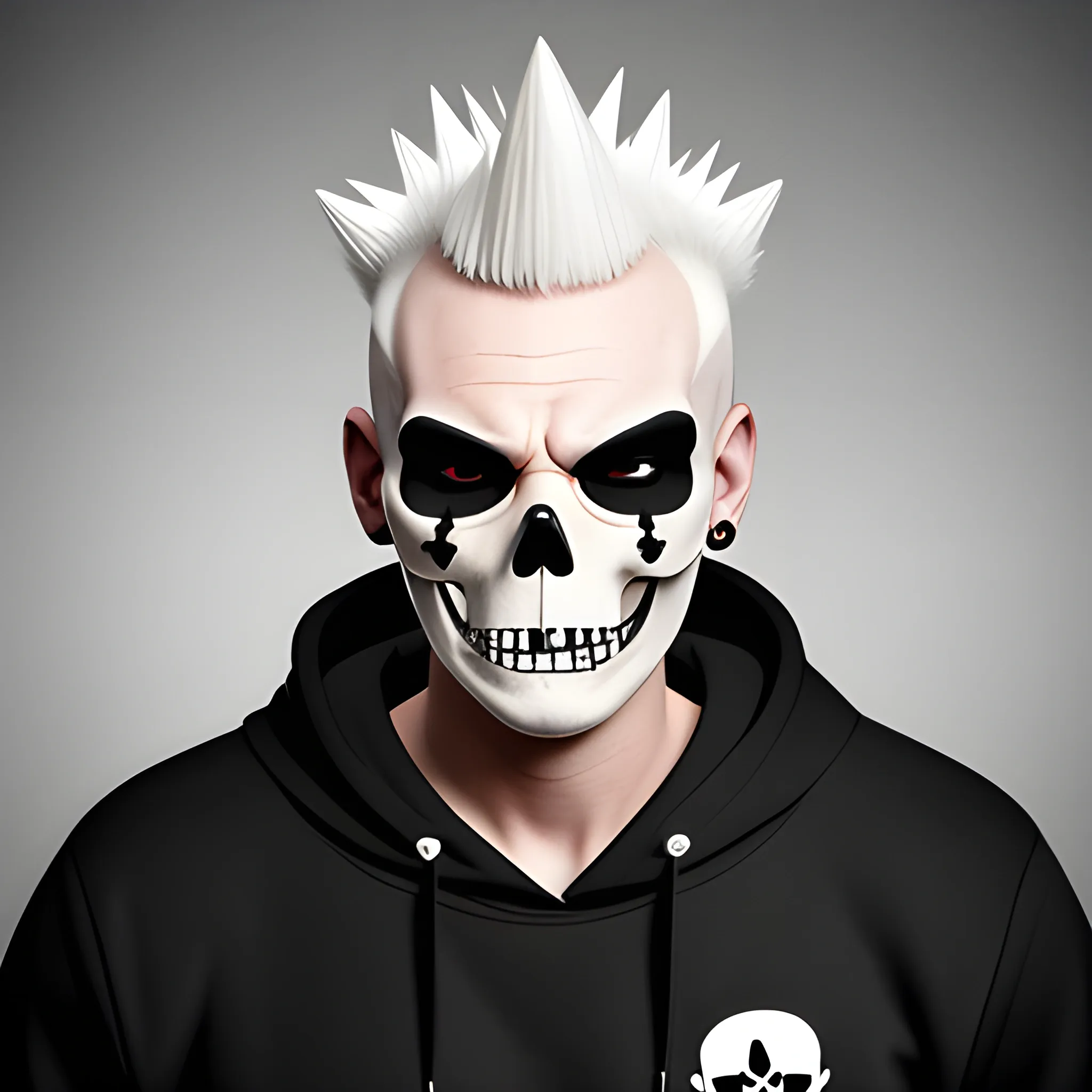 Punk White Character Spiky Head, realistic mascot, black hoodie with crossbones
